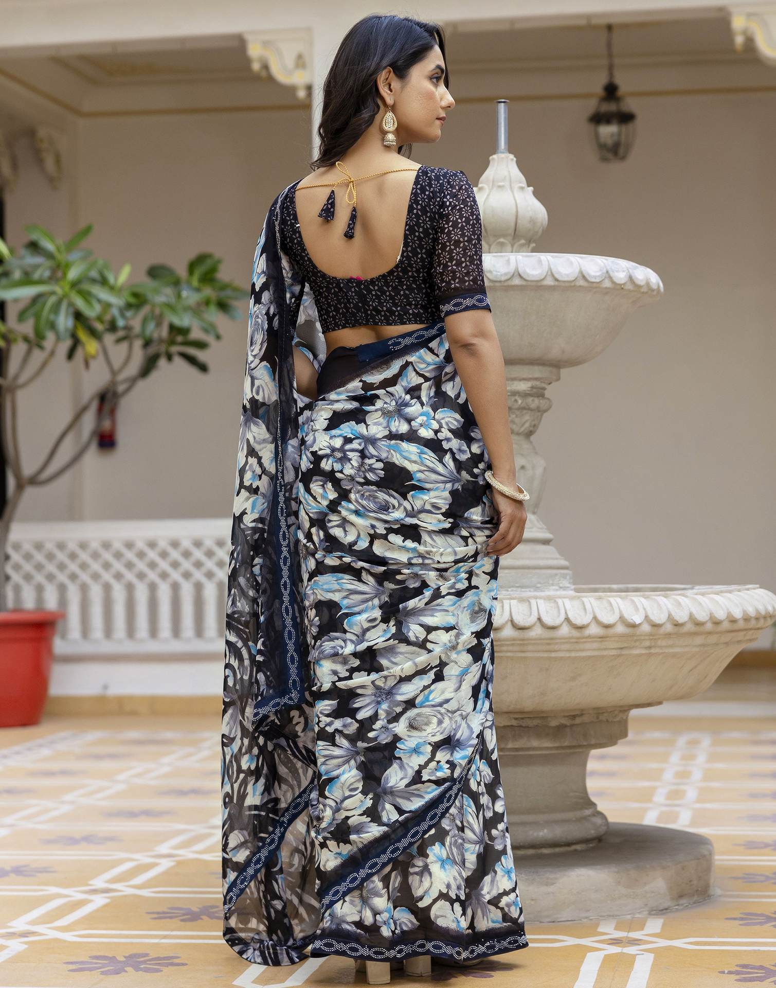 Black Georgette Stone Work Printed Saree
