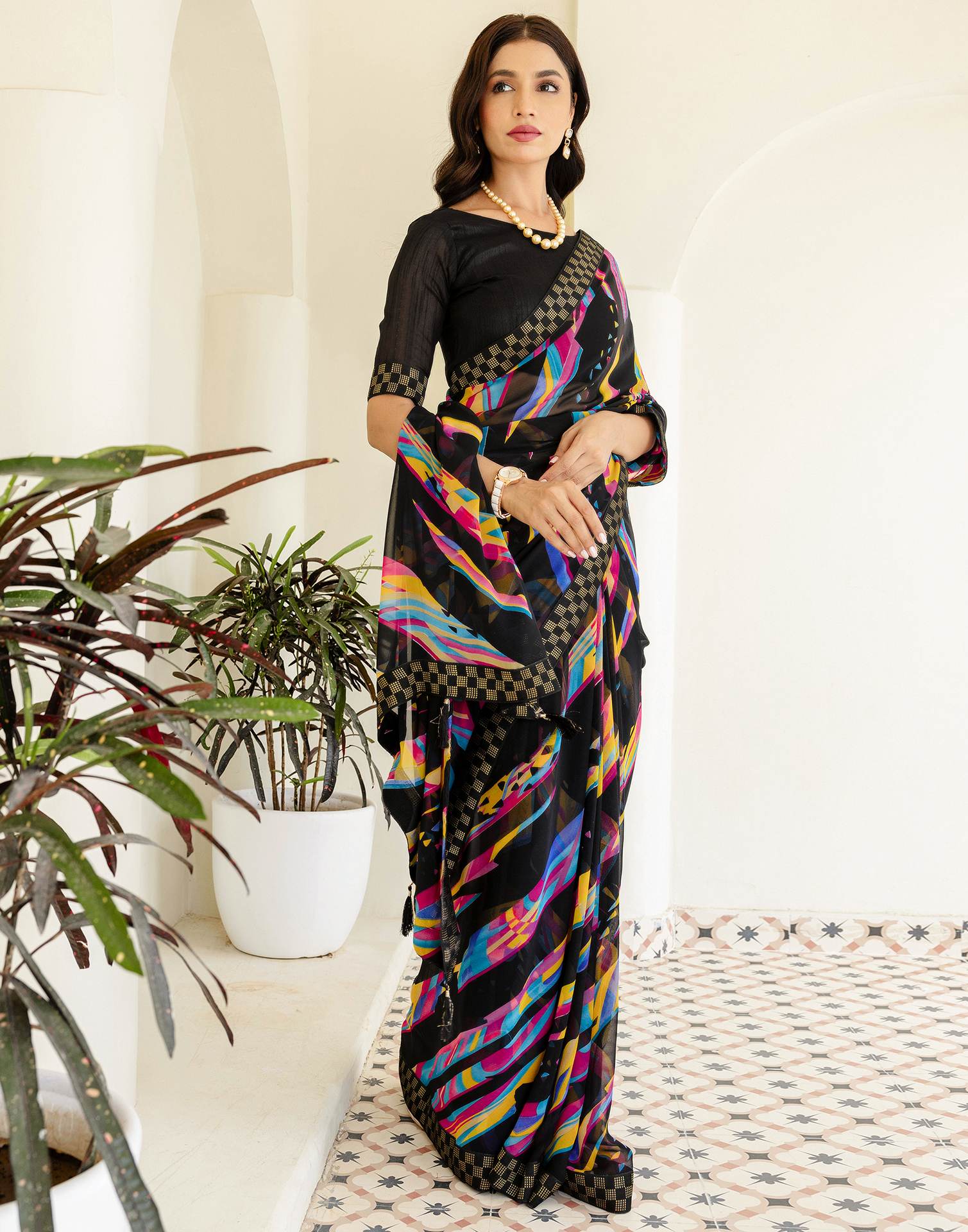 Black Georgette printed Saree