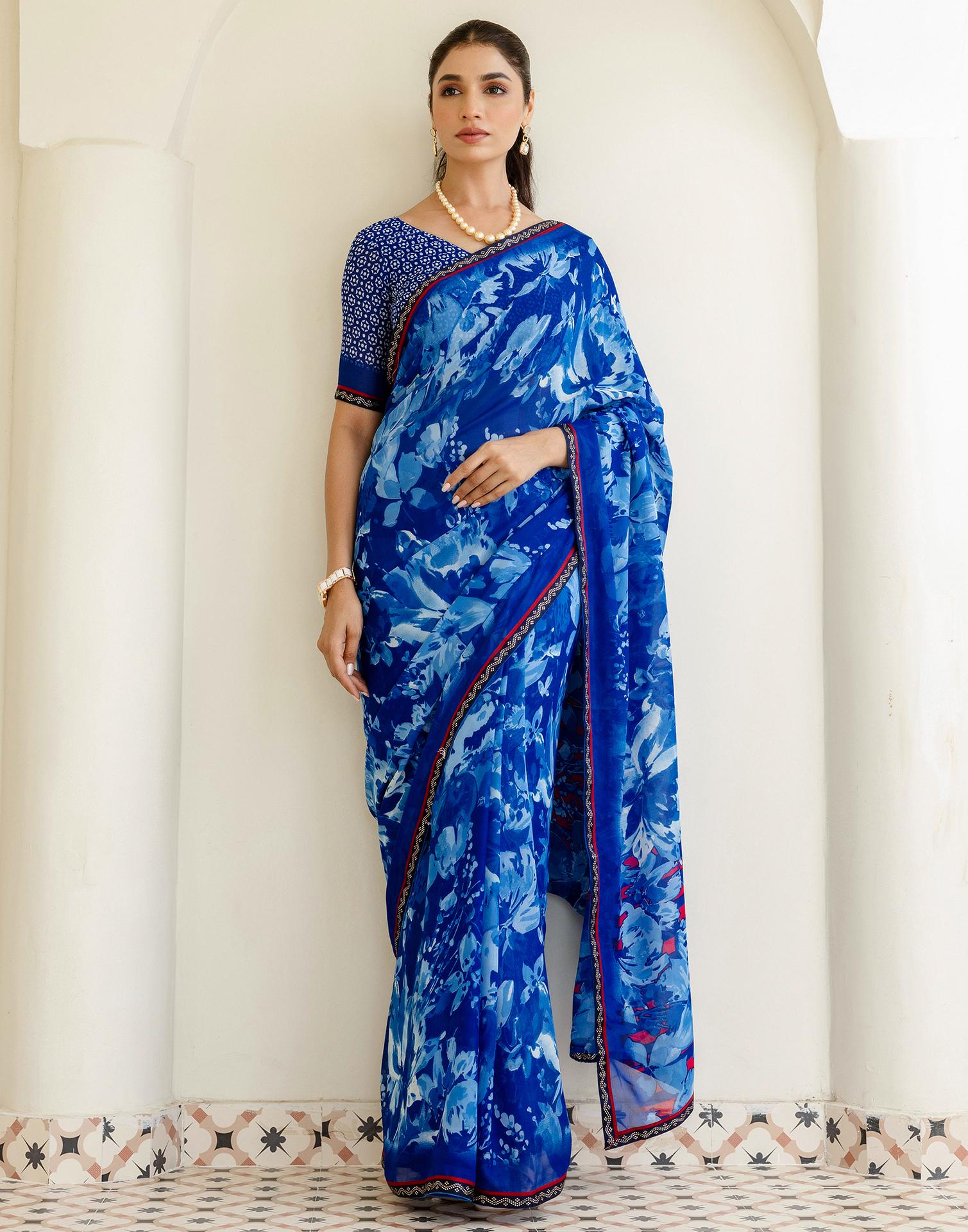 Dark Blue Georgette Floral Printed Saree