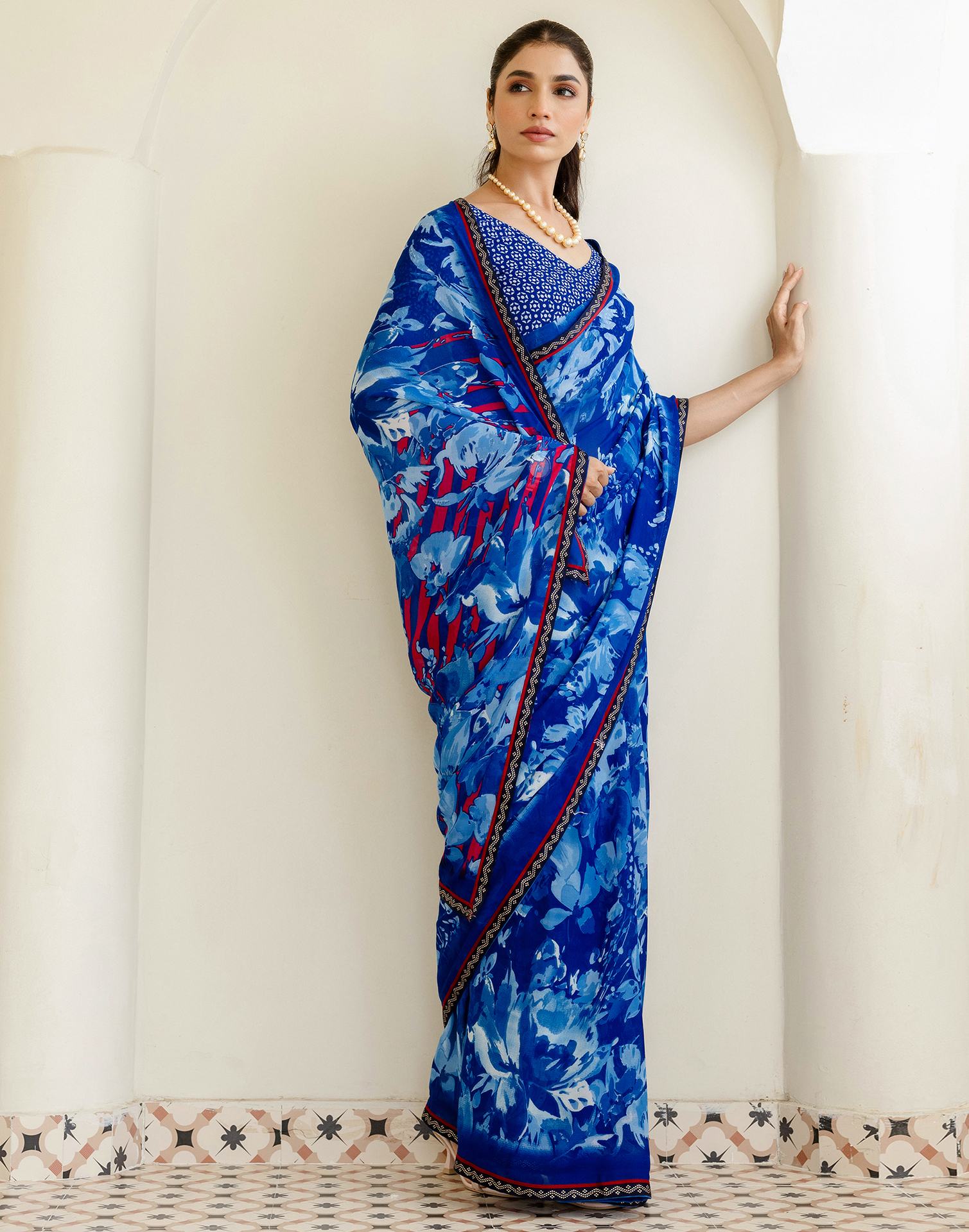 Dark Blue Georgette Floral Printed Saree