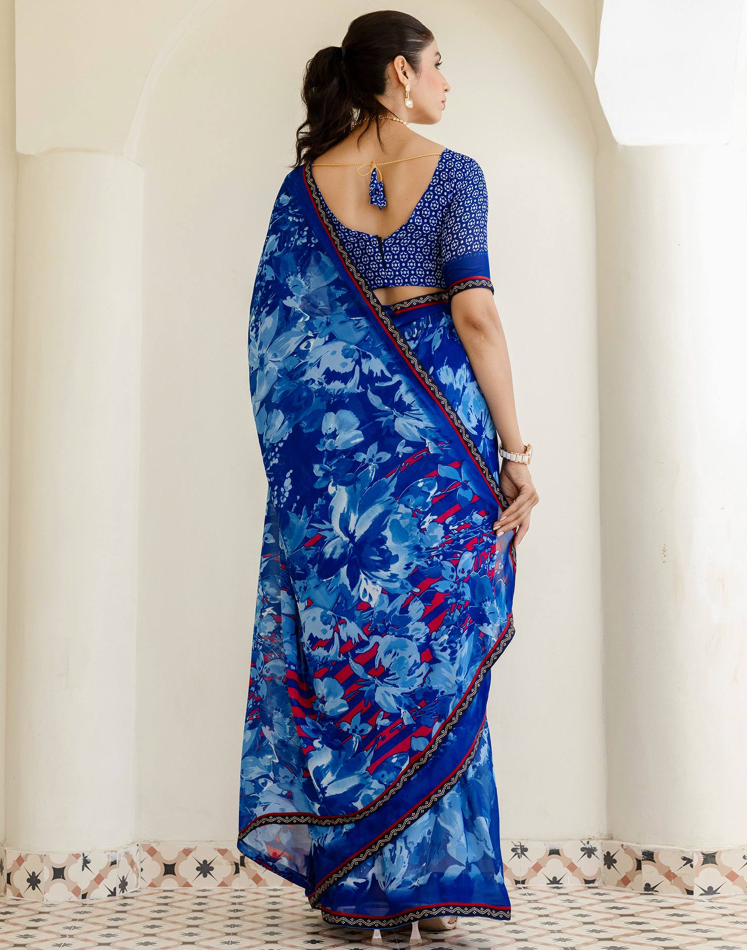 Dark Blue Georgette Floral Printed Saree