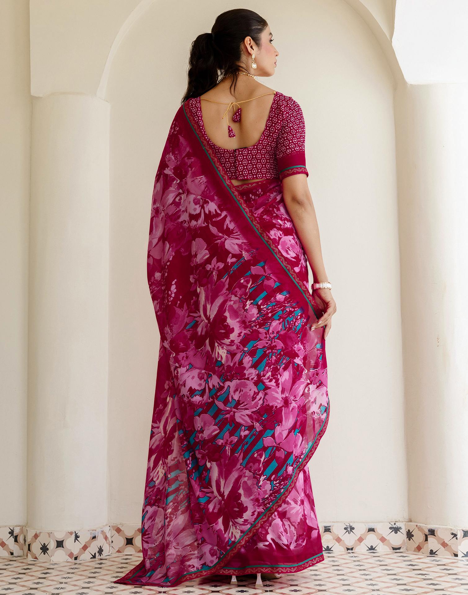 Rani Pink Georgette Floral Printed Saree