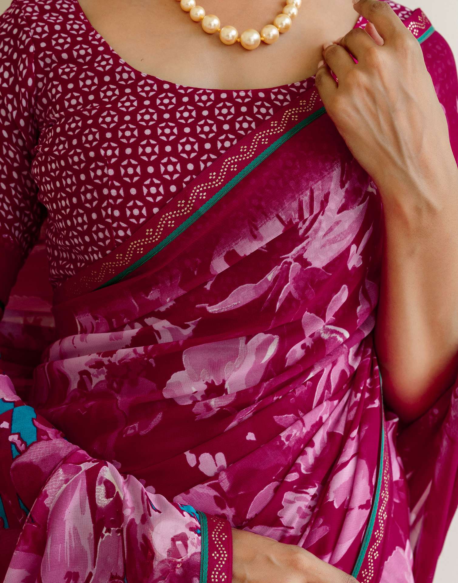 Rani Pink Georgette Floral Printed Saree