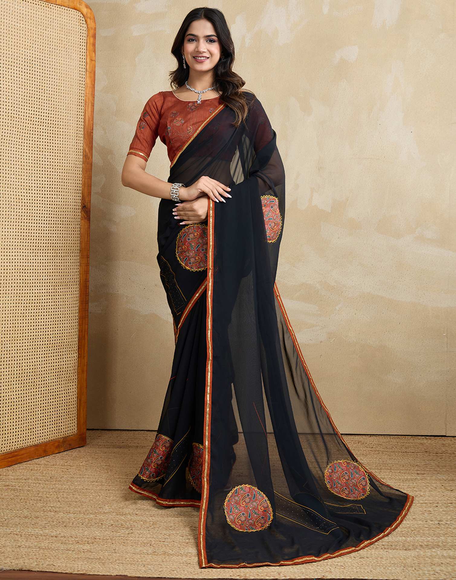 Black Georgette Patch work Embellished Saree