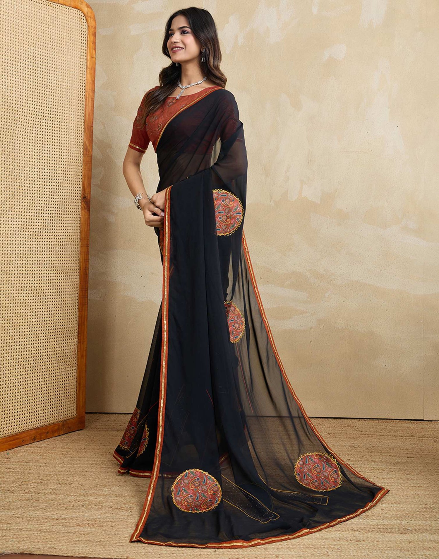 Black Georgette Patch work Embellished Saree