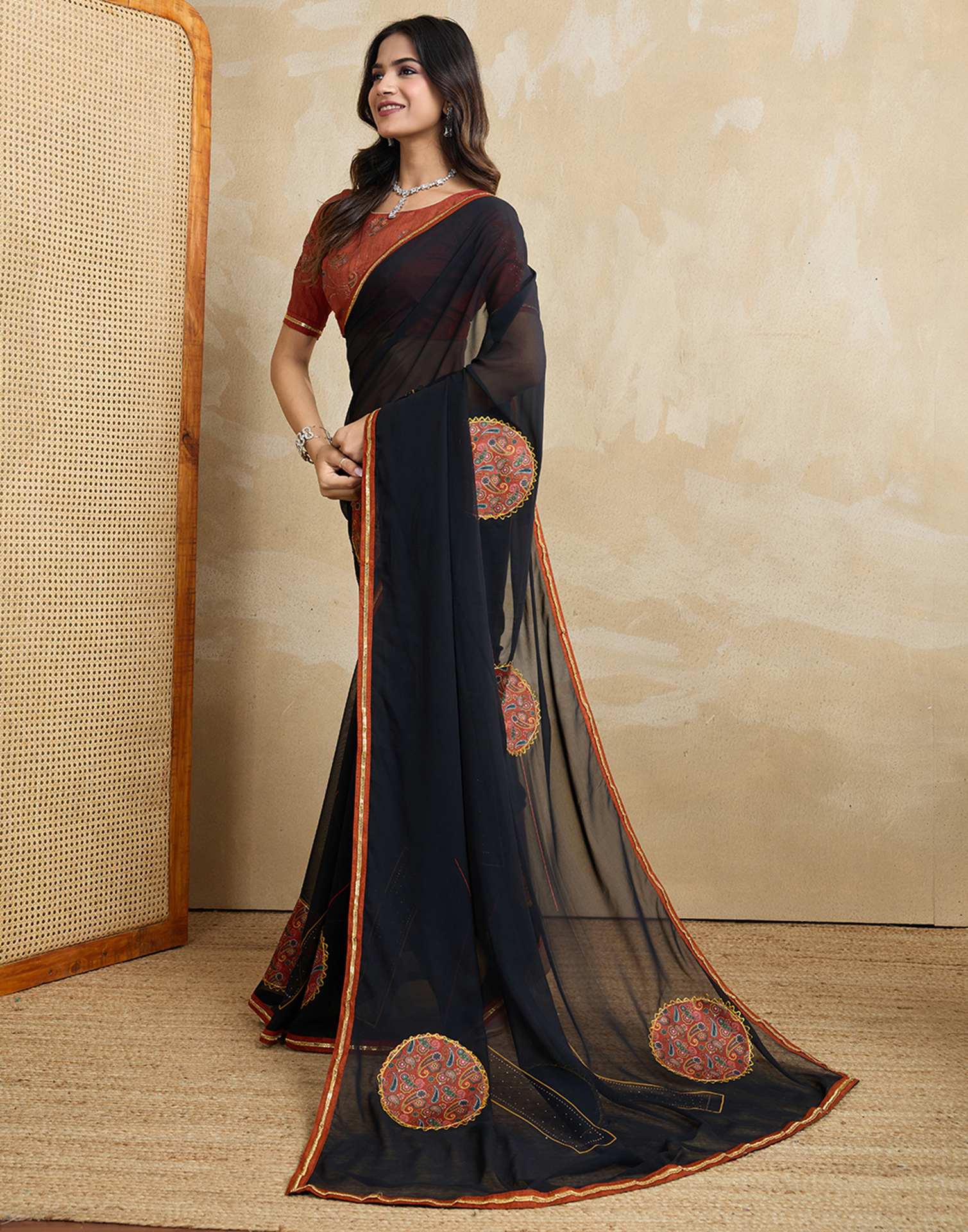 Black Georgette Patch work Embellished Saree