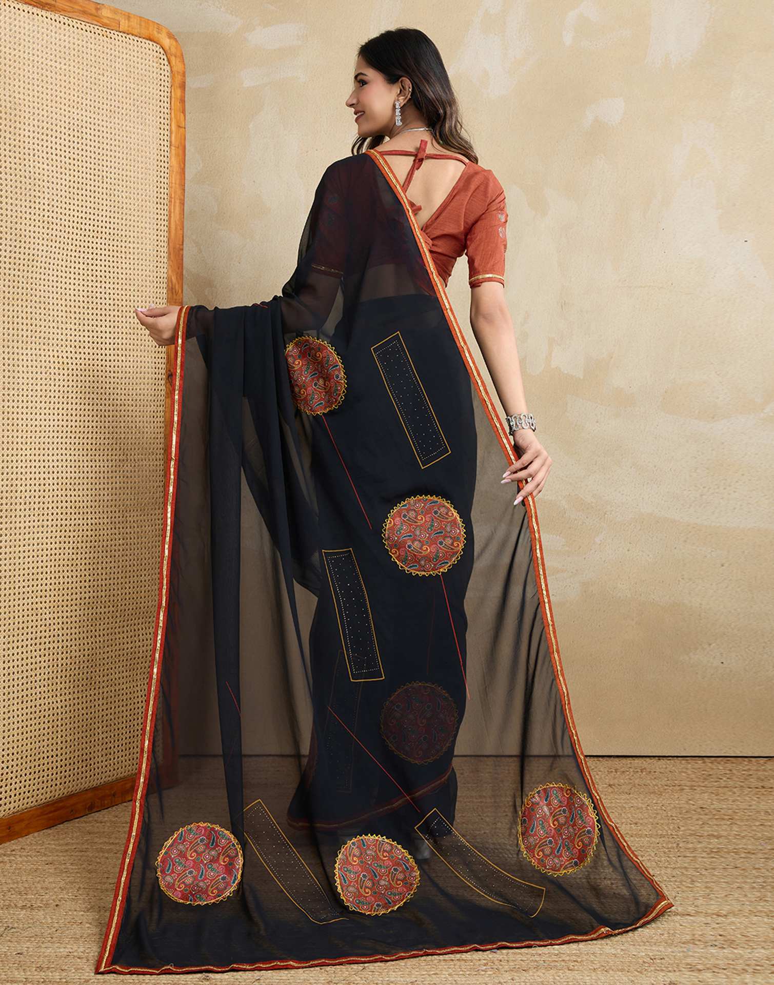 Black Georgette Patch work Embellished Saree