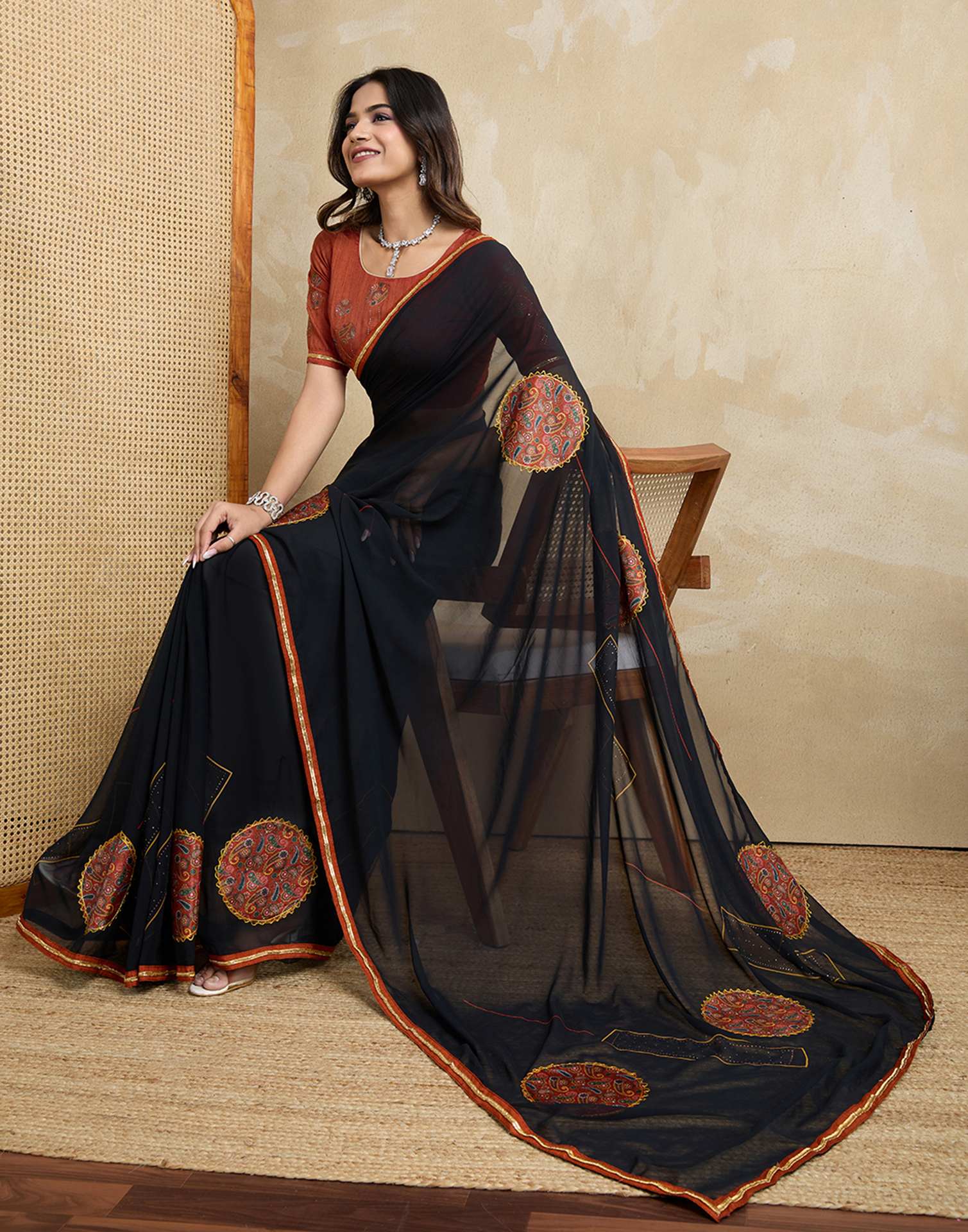 Black Georgette Patch work Embellished Saree