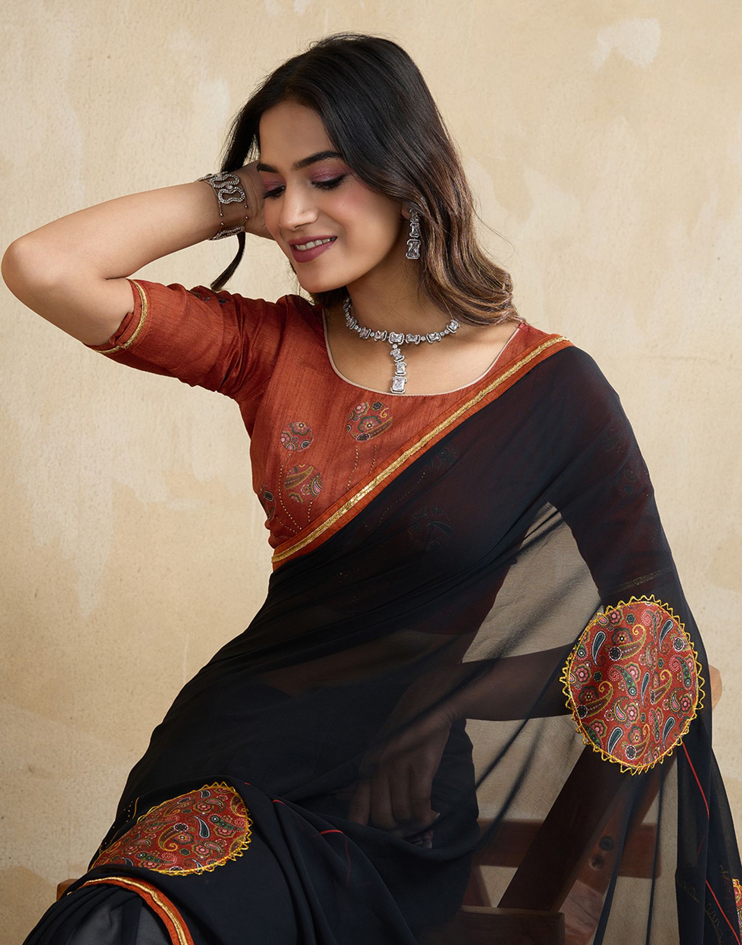 Black Georgette Patch work Embellished Saree