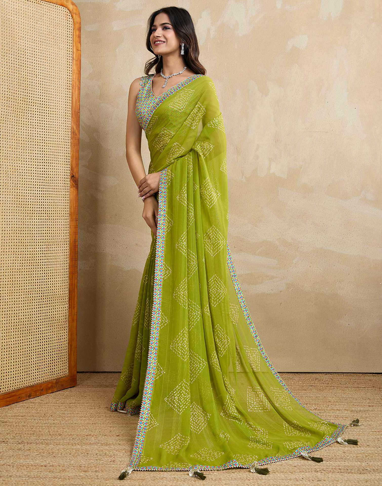 Green Georgette Printed Bandhani Saree