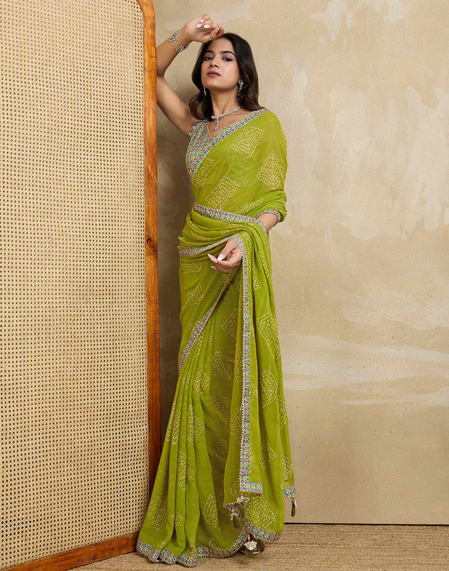 Green Georgette Printed Bandhani Saree