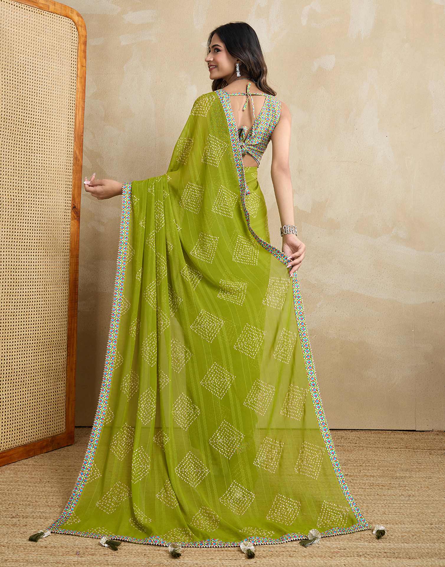 Green Georgette Printed Bandhani Saree