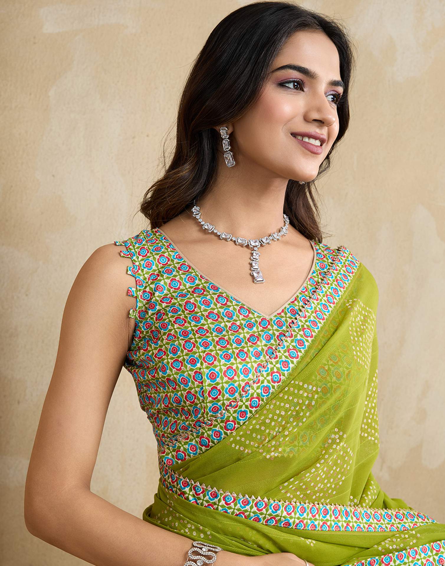 Green Georgette Printed Bandhani Saree