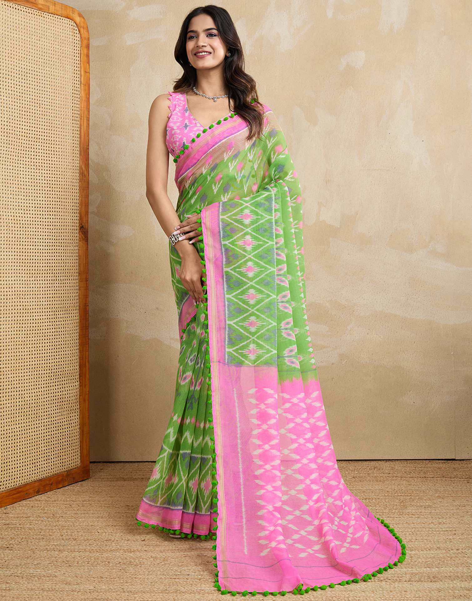 Green Cotton Blend Ikkat Printed Saree