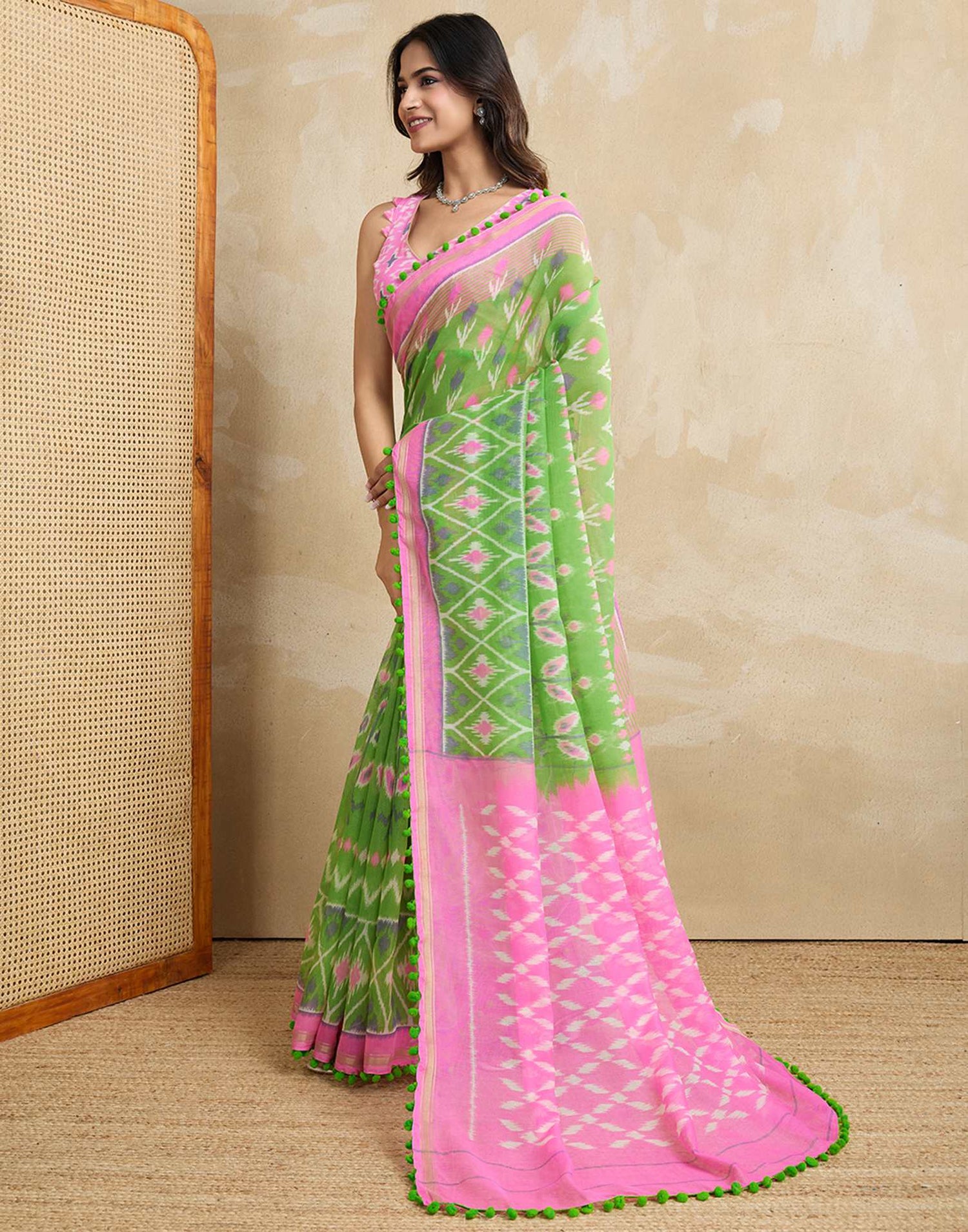 Green Cotton Blend Ikkat Printed Saree