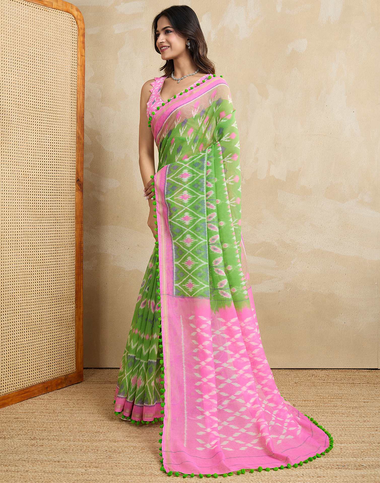 Green Cotton Blend Ikkat Printed Saree