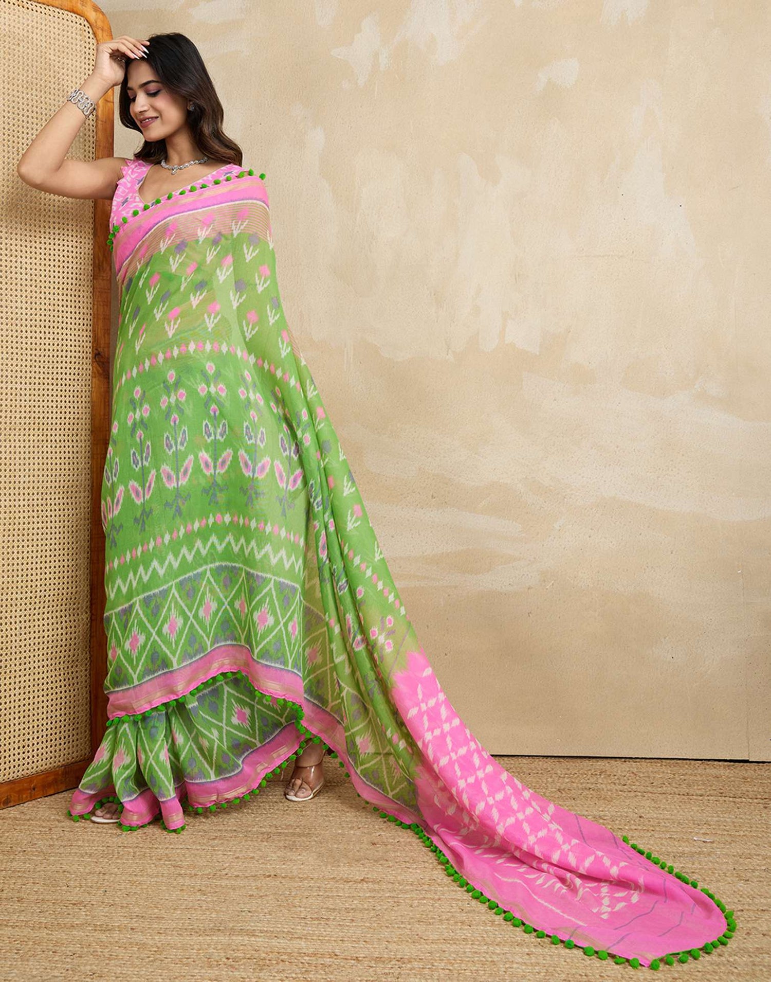 Green Cotton Blend Ikkat Printed Saree