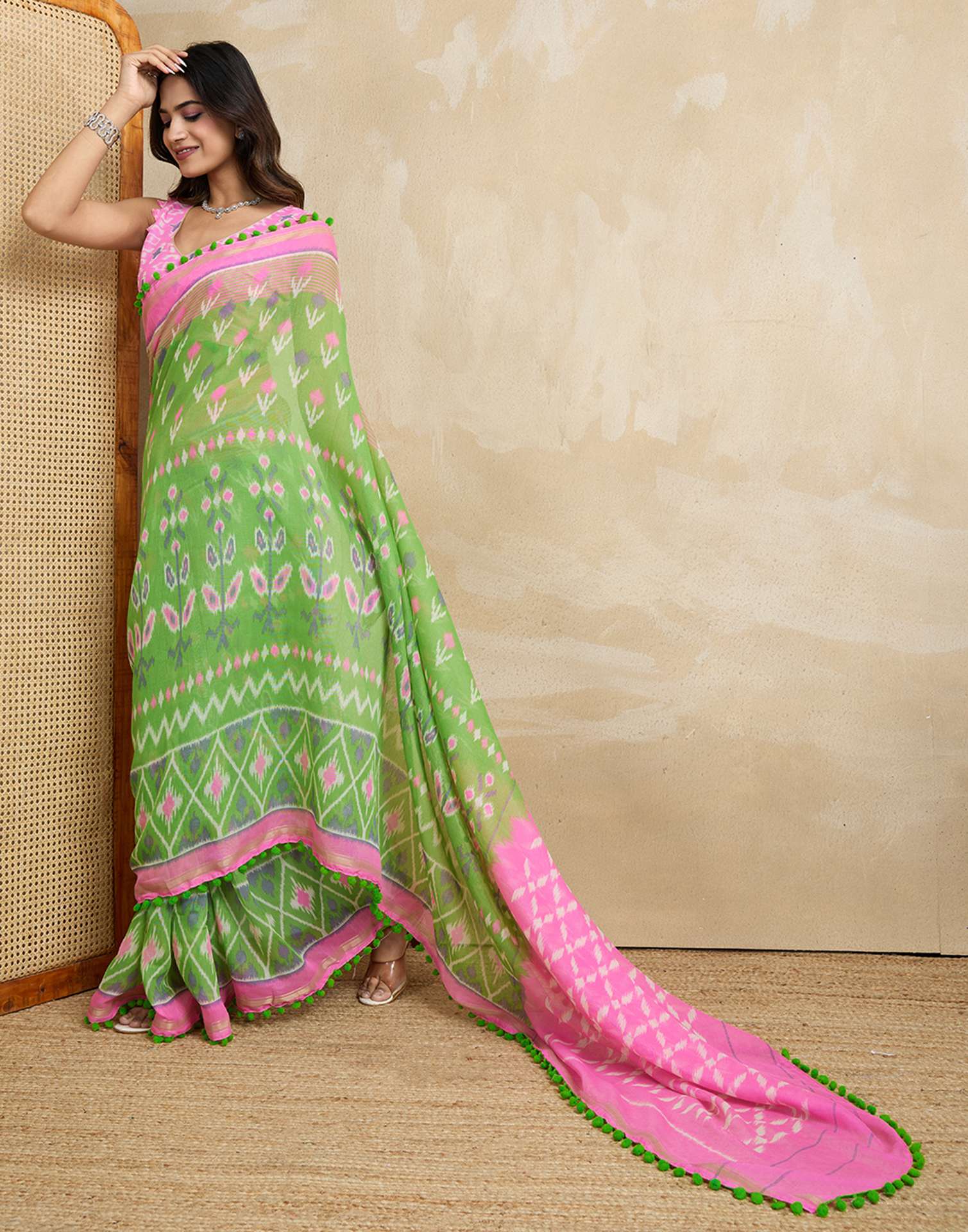 Green Cotton Blend Ikkat Printed Saree