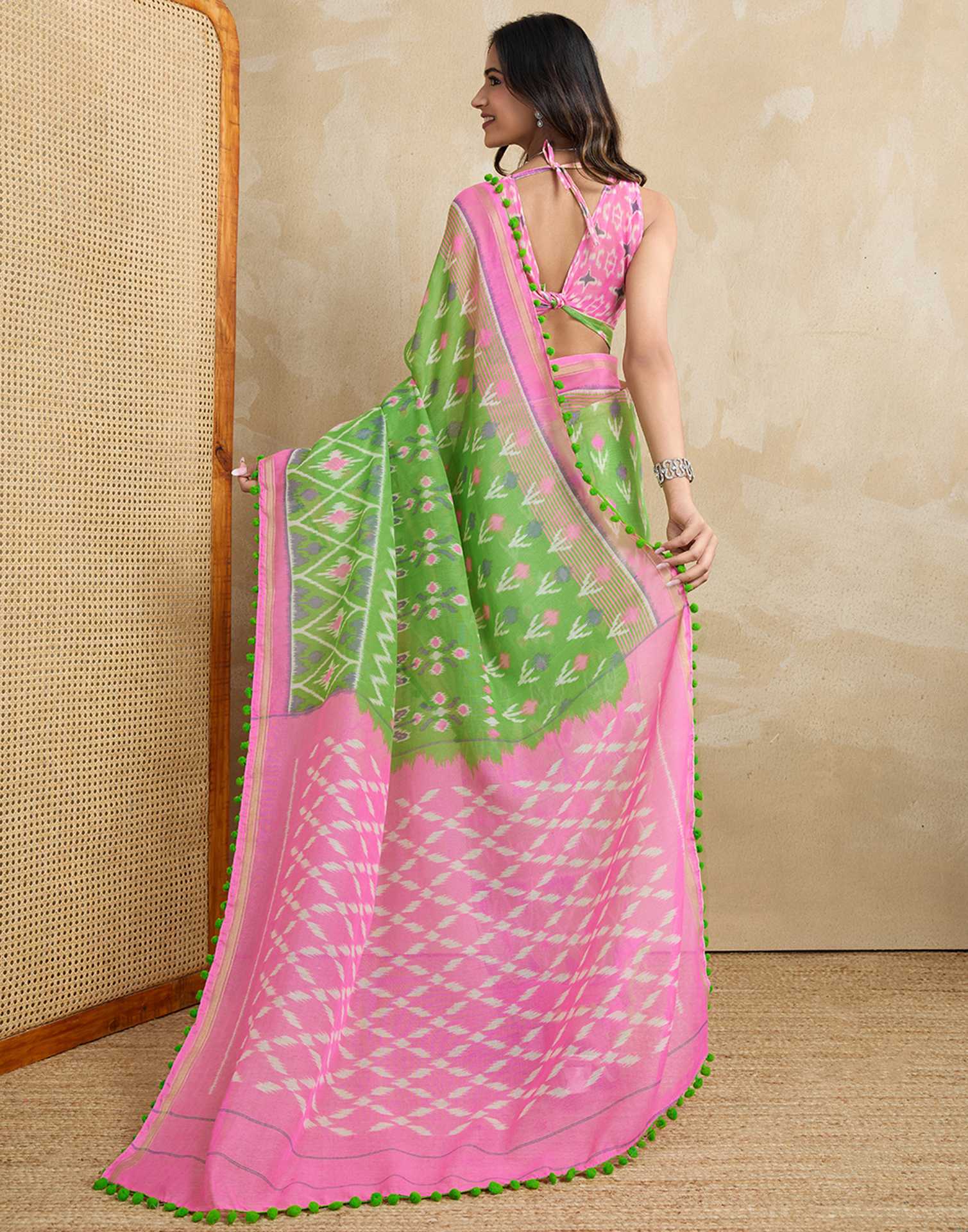 Green Cotton Blend Ikkat Printed Saree