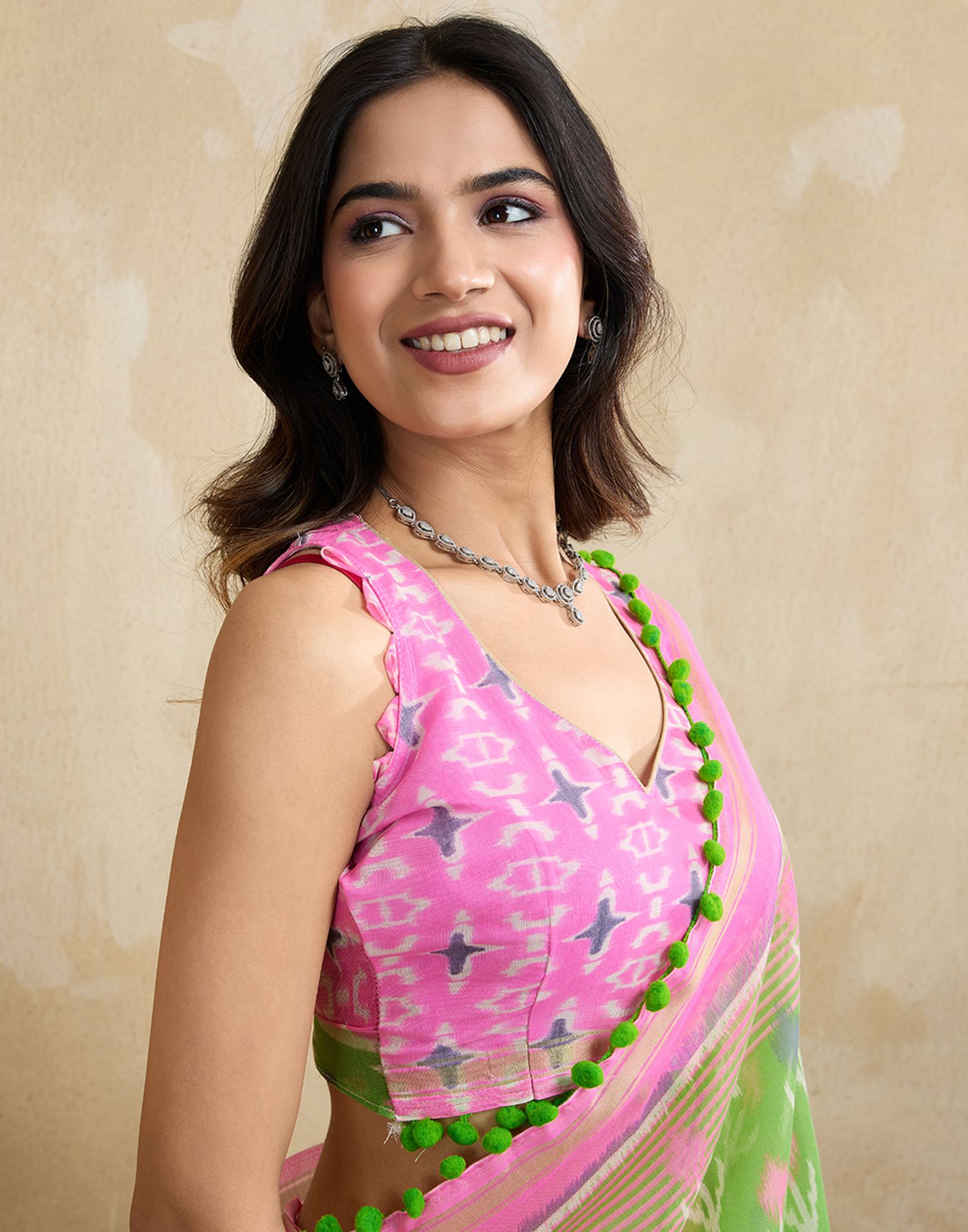 Green Cotton Blend Ikkat Printed Saree