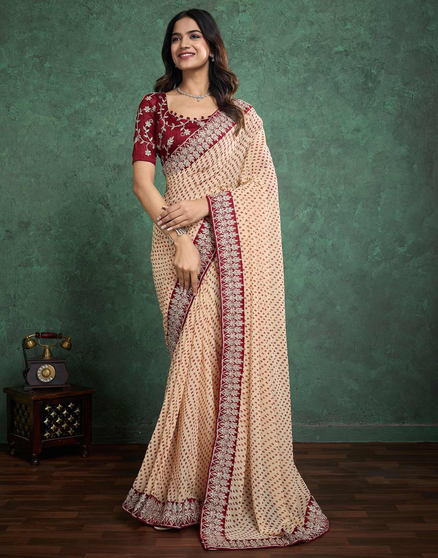 Dark Cream Georgette Printed Bandhani Saree