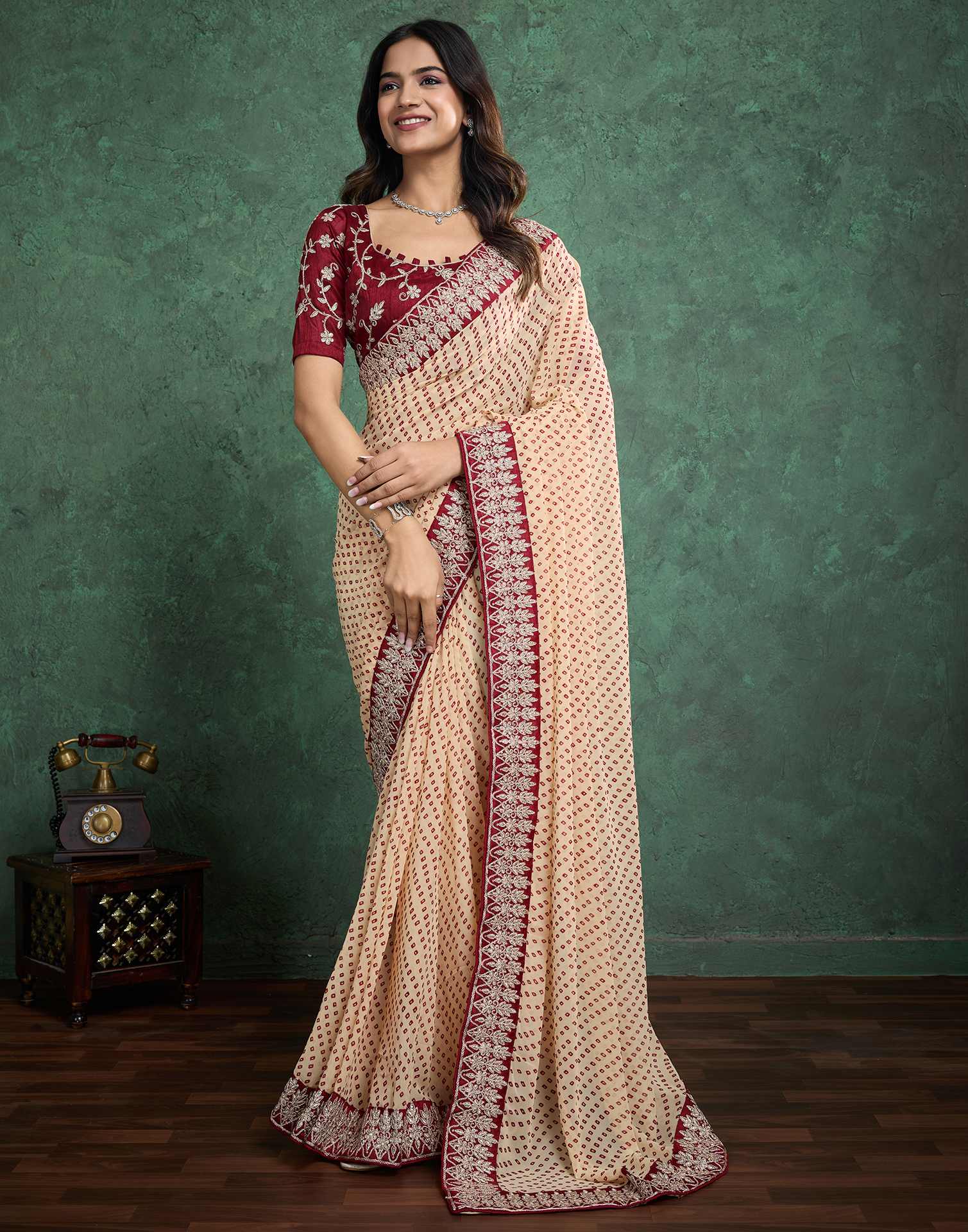Dark Cream Georgette Printed Bandhani Saree