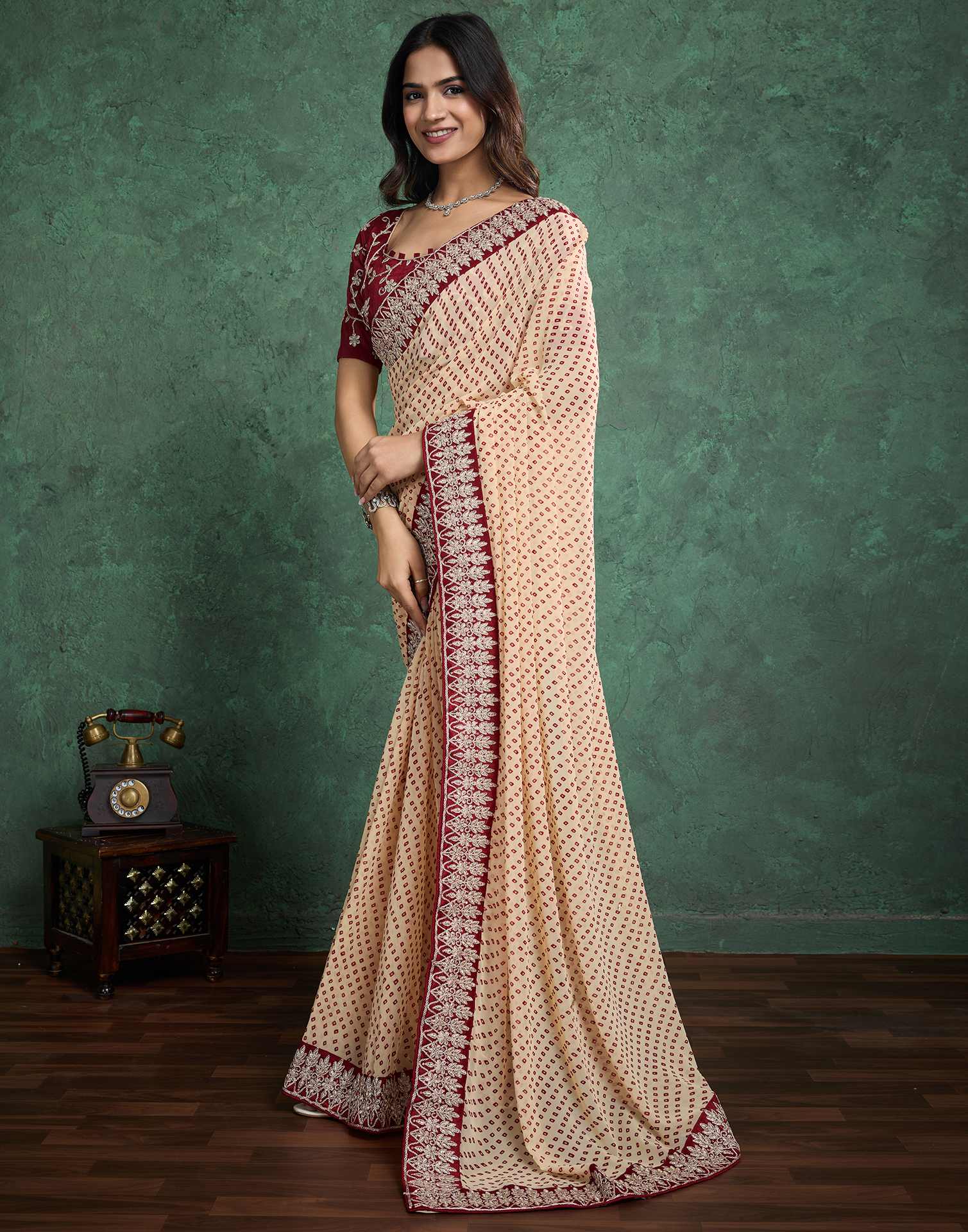 Dark Cream Georgette Printed Bandhani Saree