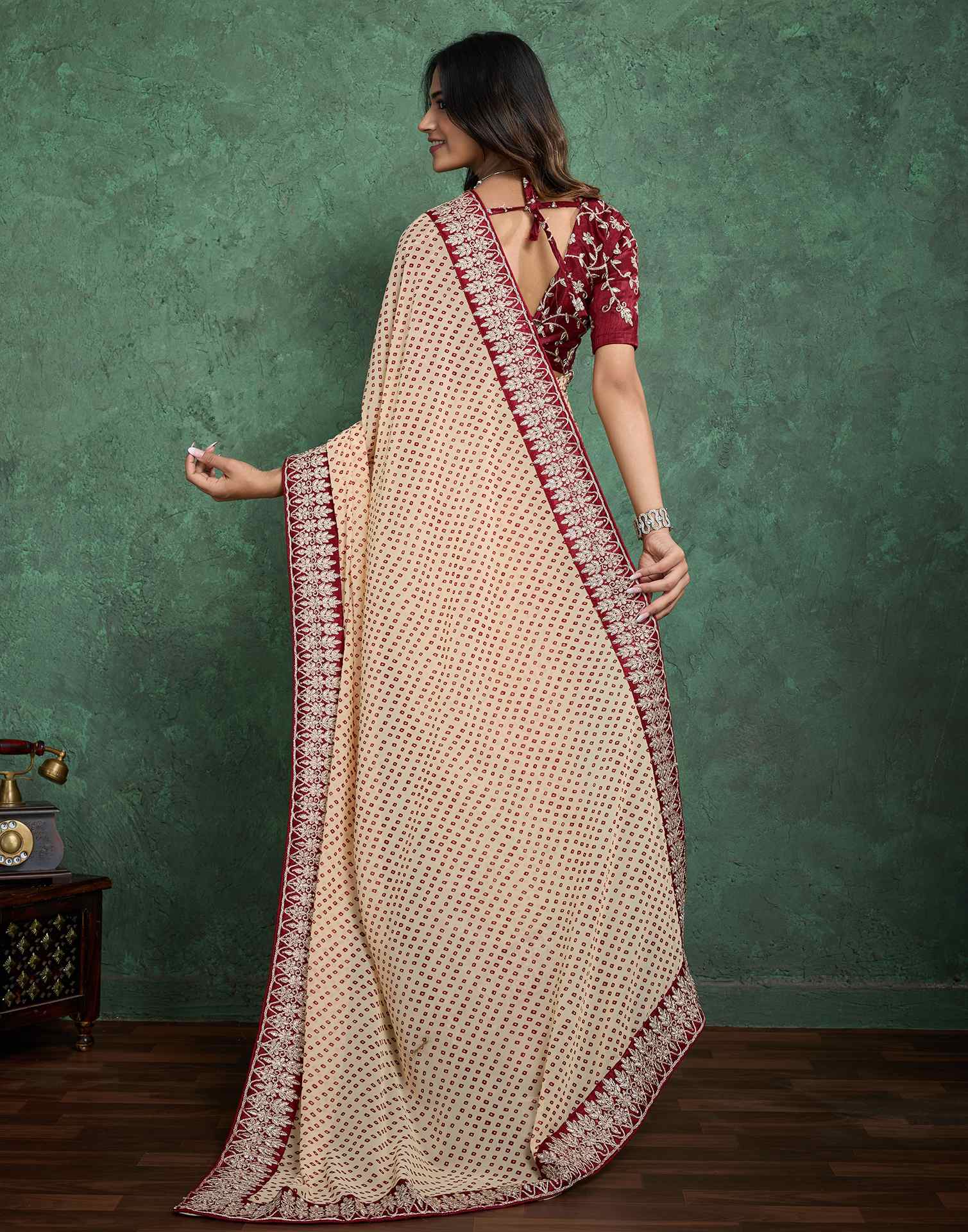 Dark Cream Georgette Printed Bandhani Saree