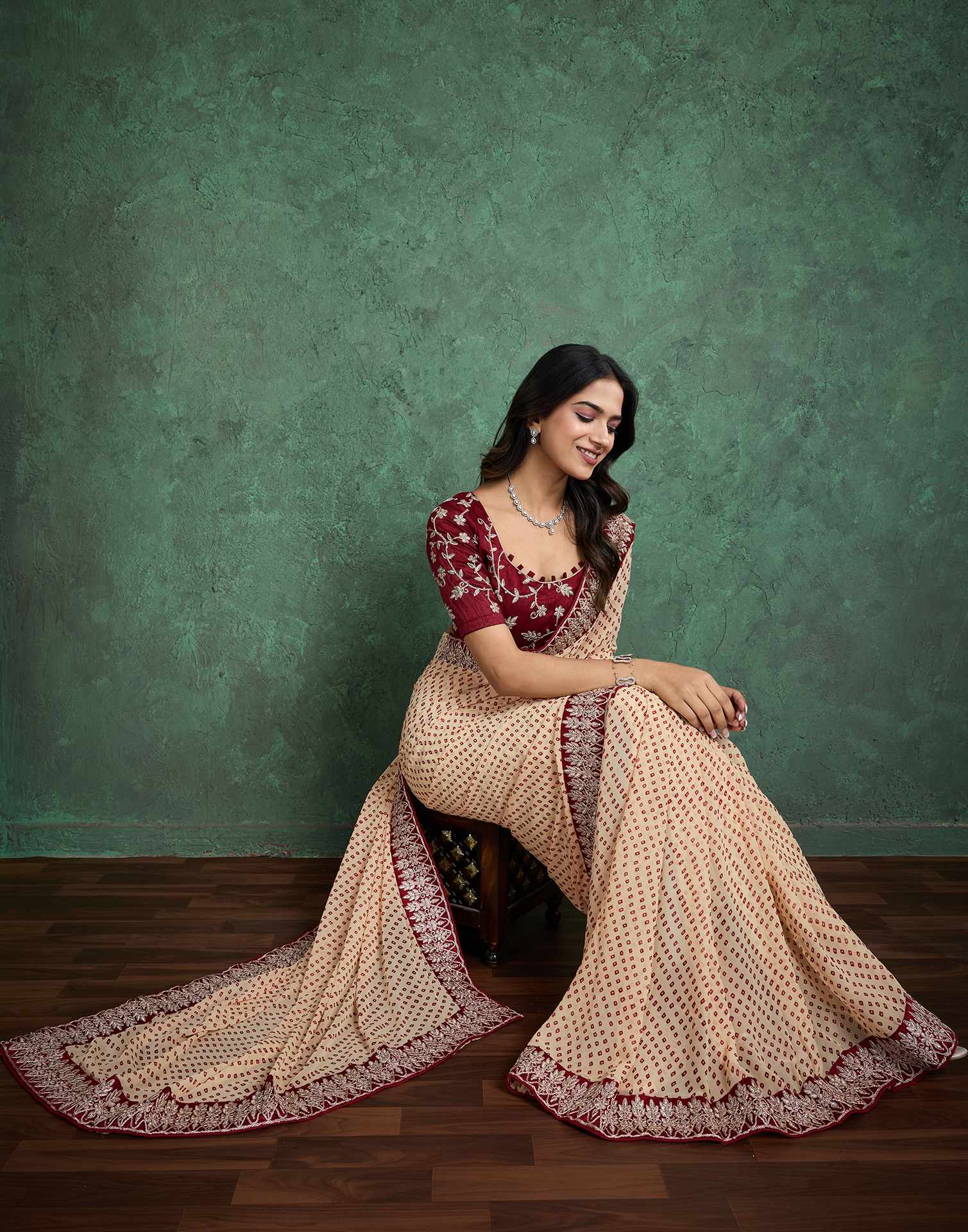Dark Cream Georgette Printed Bandhani Saree