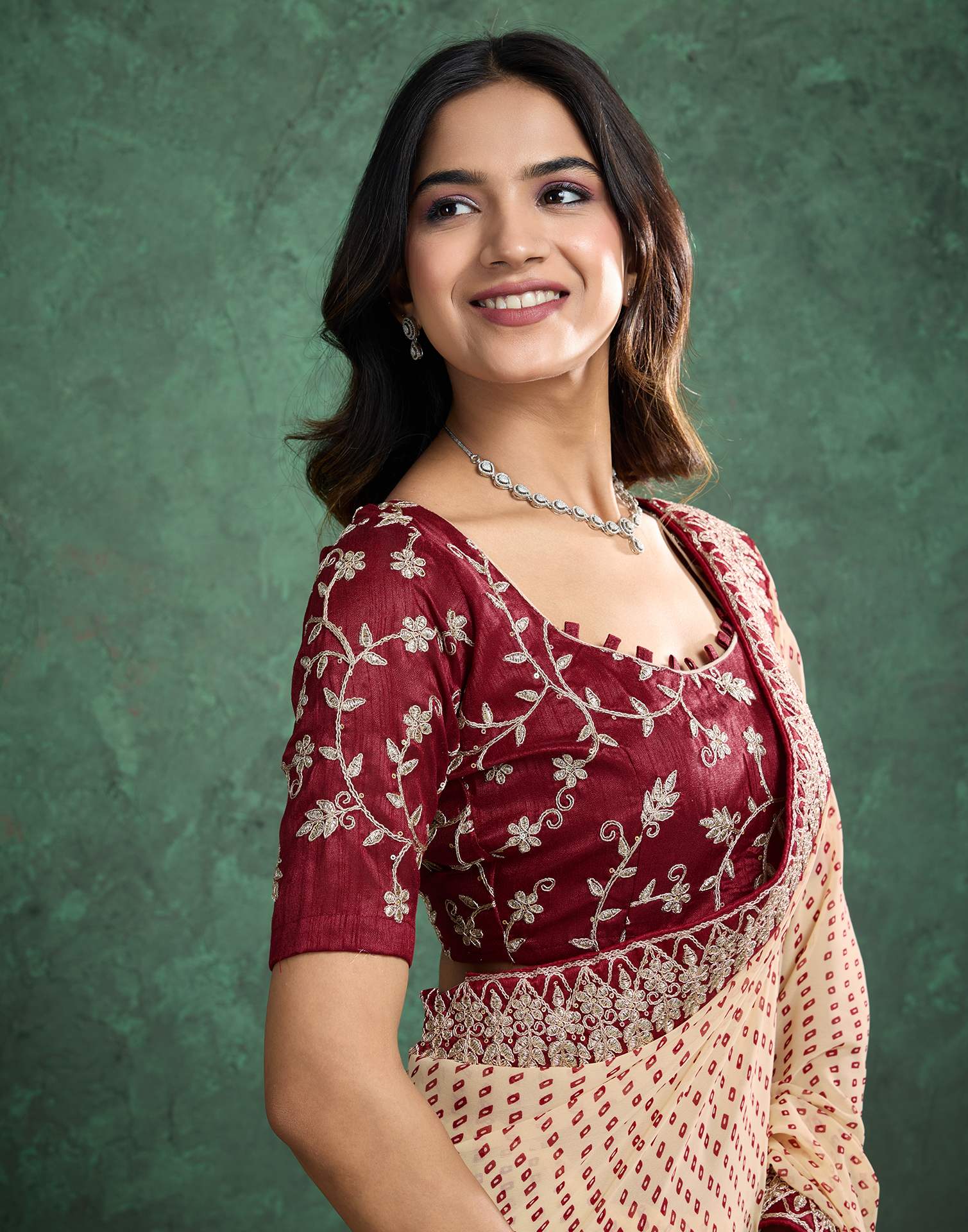 Dark Cream Georgette Printed Bandhani Saree