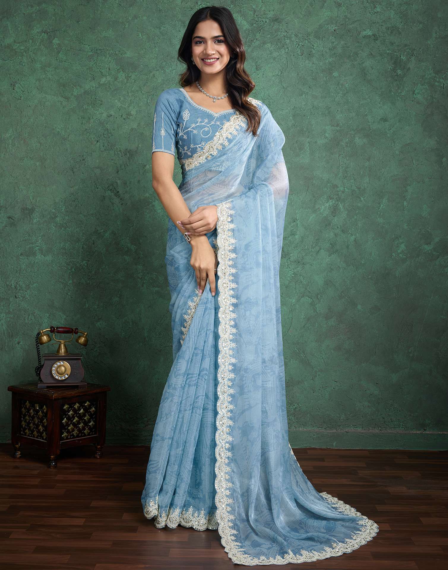 Blue Tissue Silk Sequence Embroidery Saree
