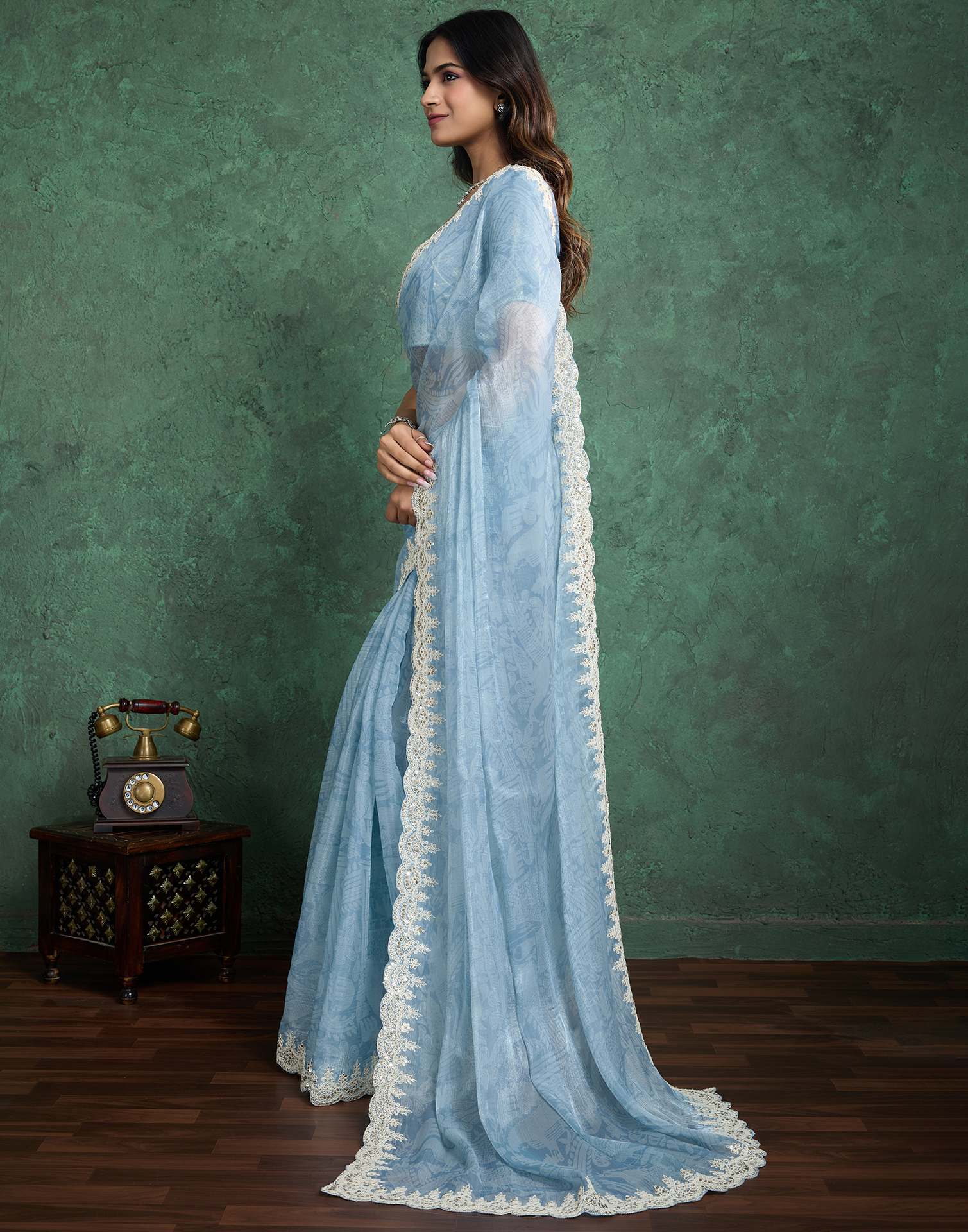 Blue Tissue Silk Sequence Embroidery Saree
