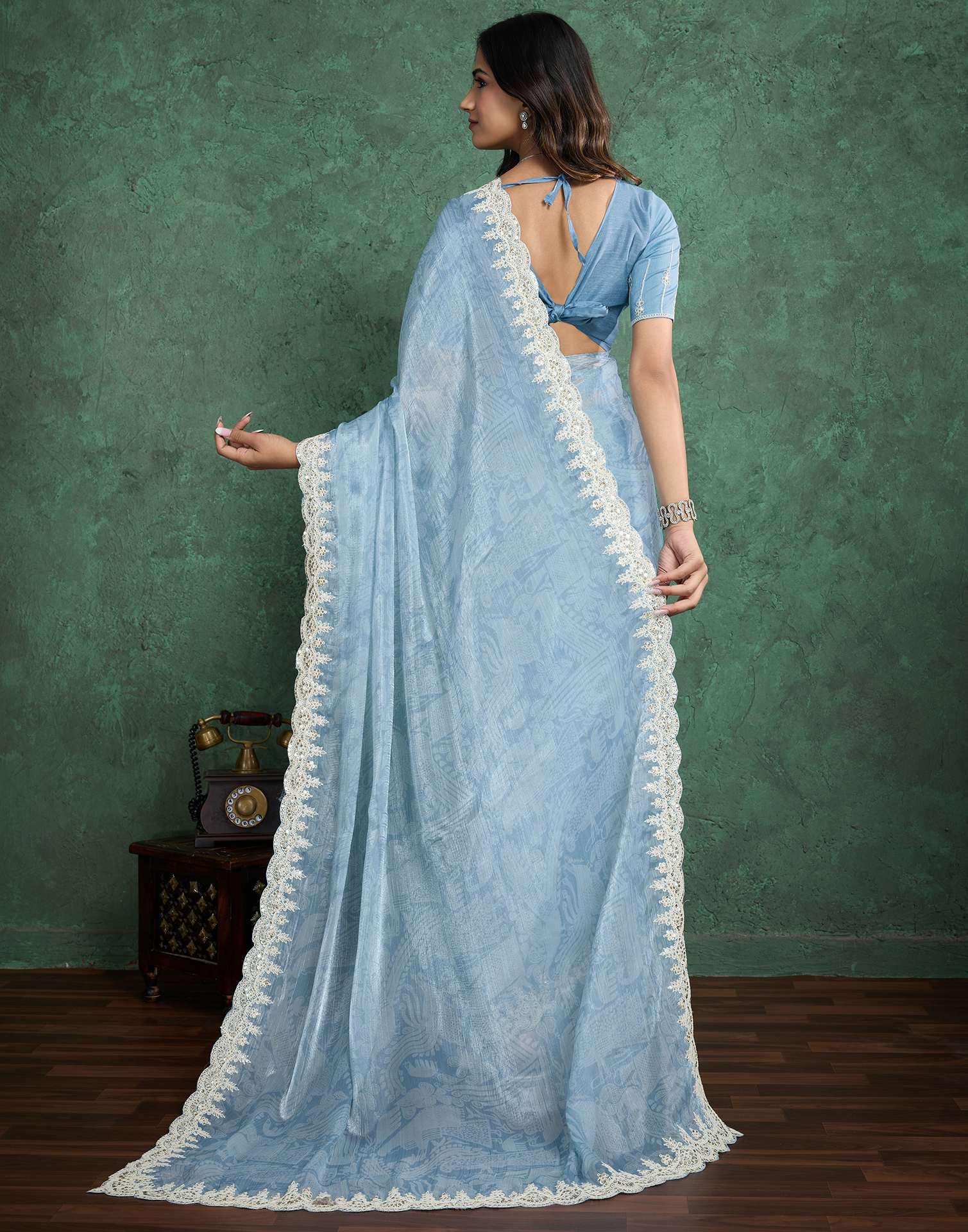 Blue Tissue Silk Sequence Embroidery Saree