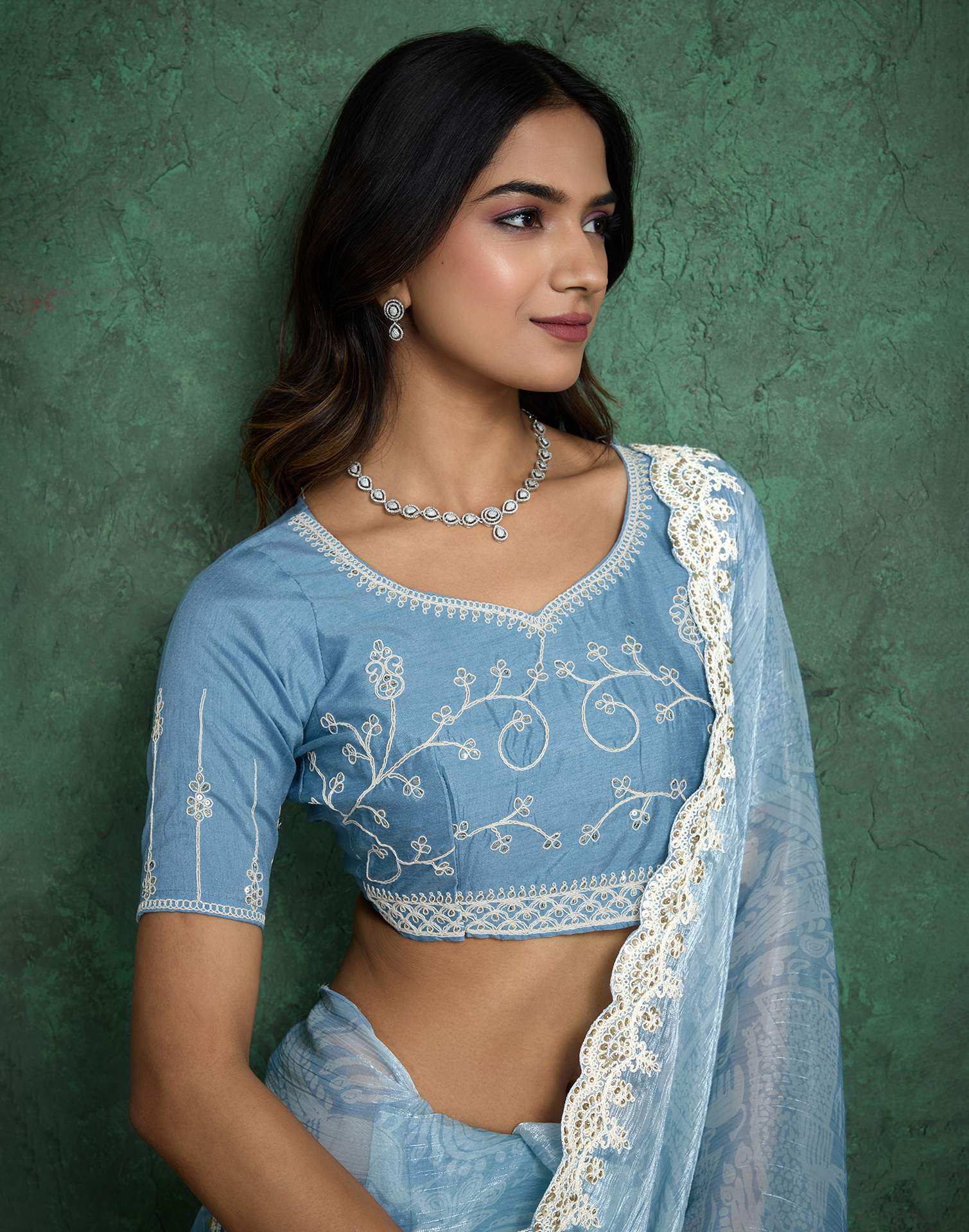 Blue Tissue Silk Sequence Embroidery Saree