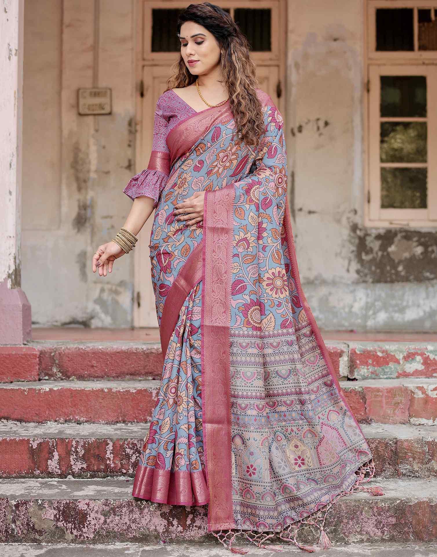 Dusty Blue Tussar Silk Printed Kalamkari Saree