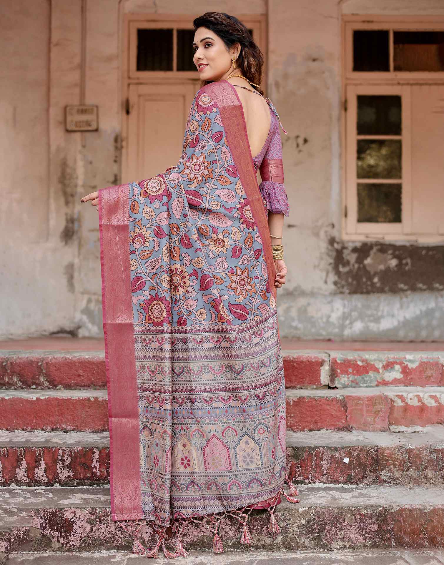 Dusty Blue Tussar Silk Printed Kalamkari Saree