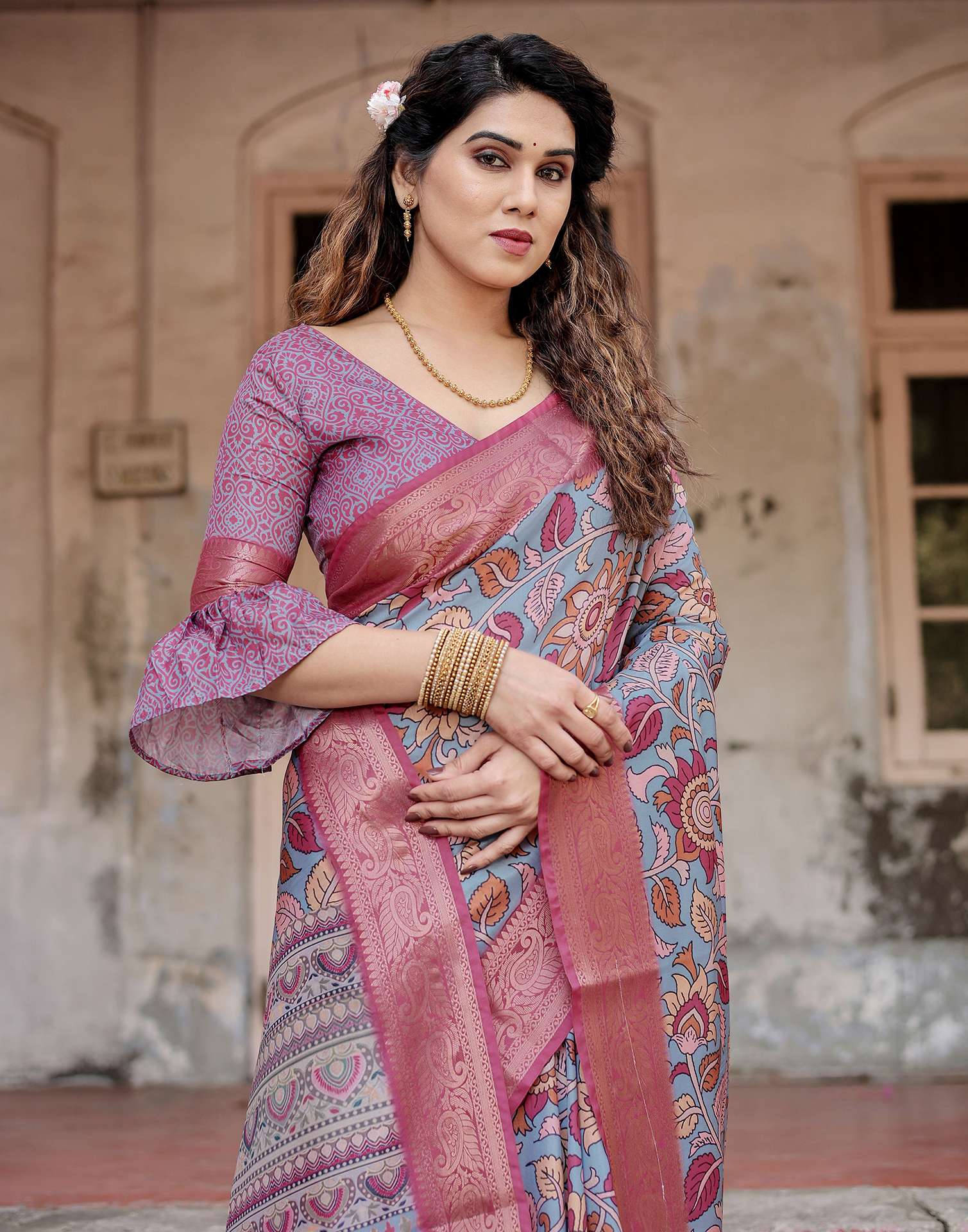 Dusty Blue Tussar Silk Printed Kalamkari Saree