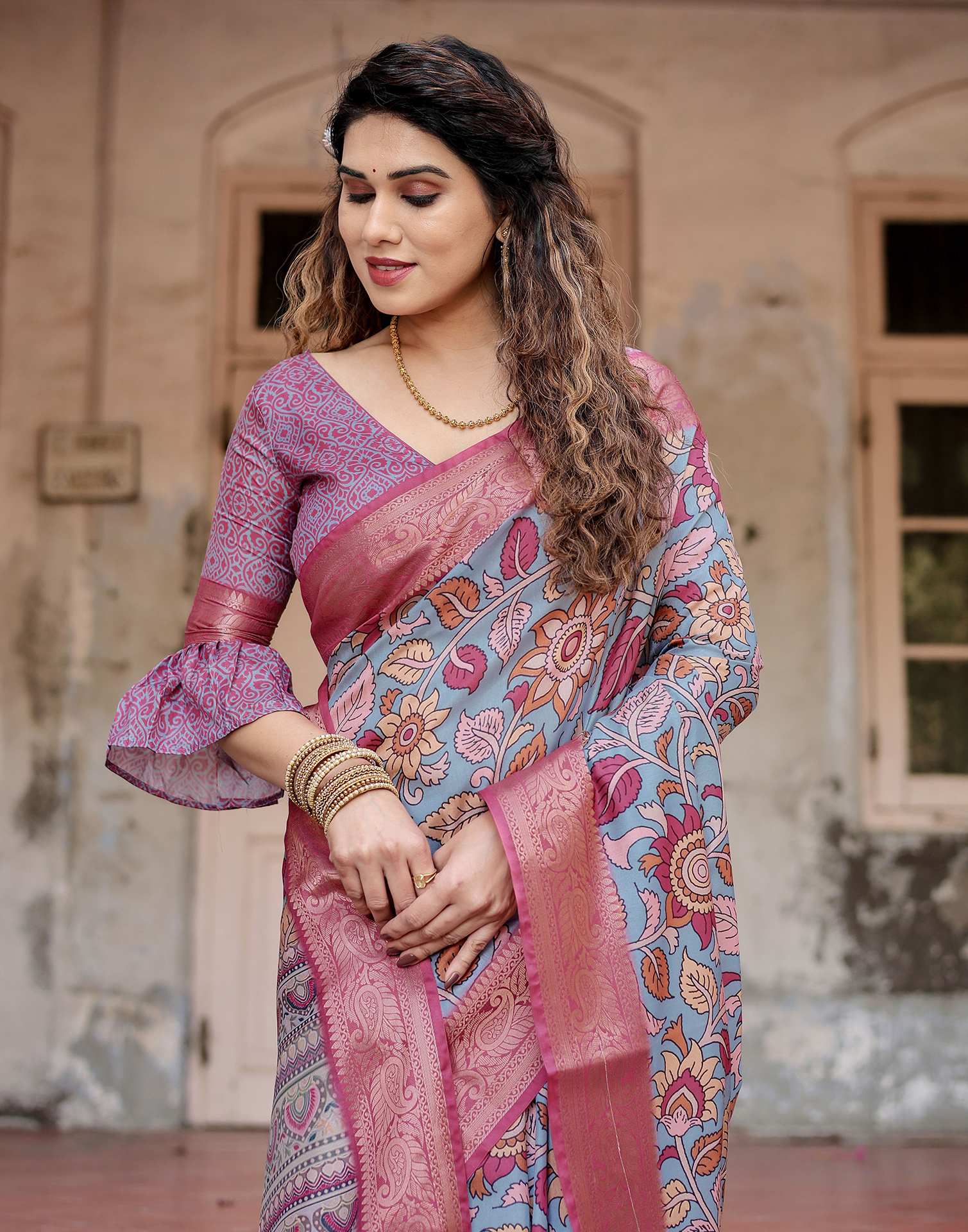 Dusty Blue Tussar Silk Printed Kalamkari Saree