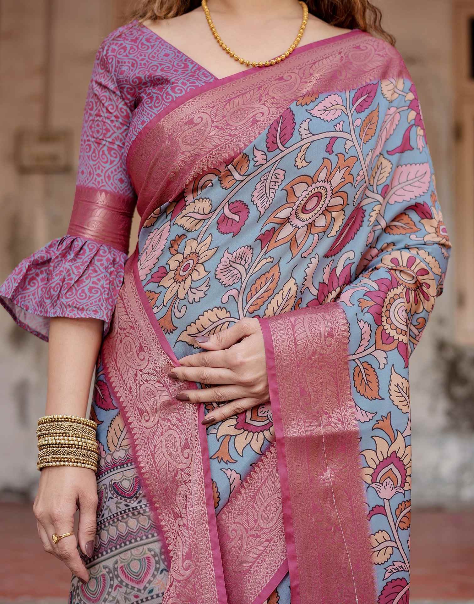 Dusty Blue Tussar Silk Printed Kalamkari Saree