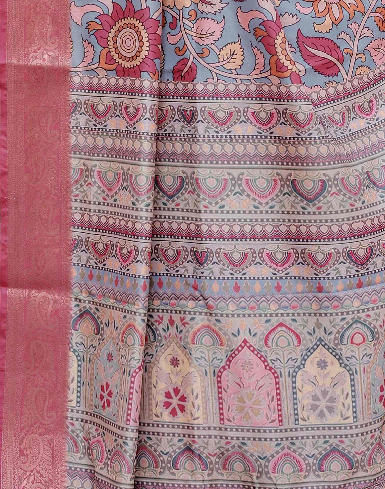 Dusty Blue Tussar Silk Printed Kalamkari Saree