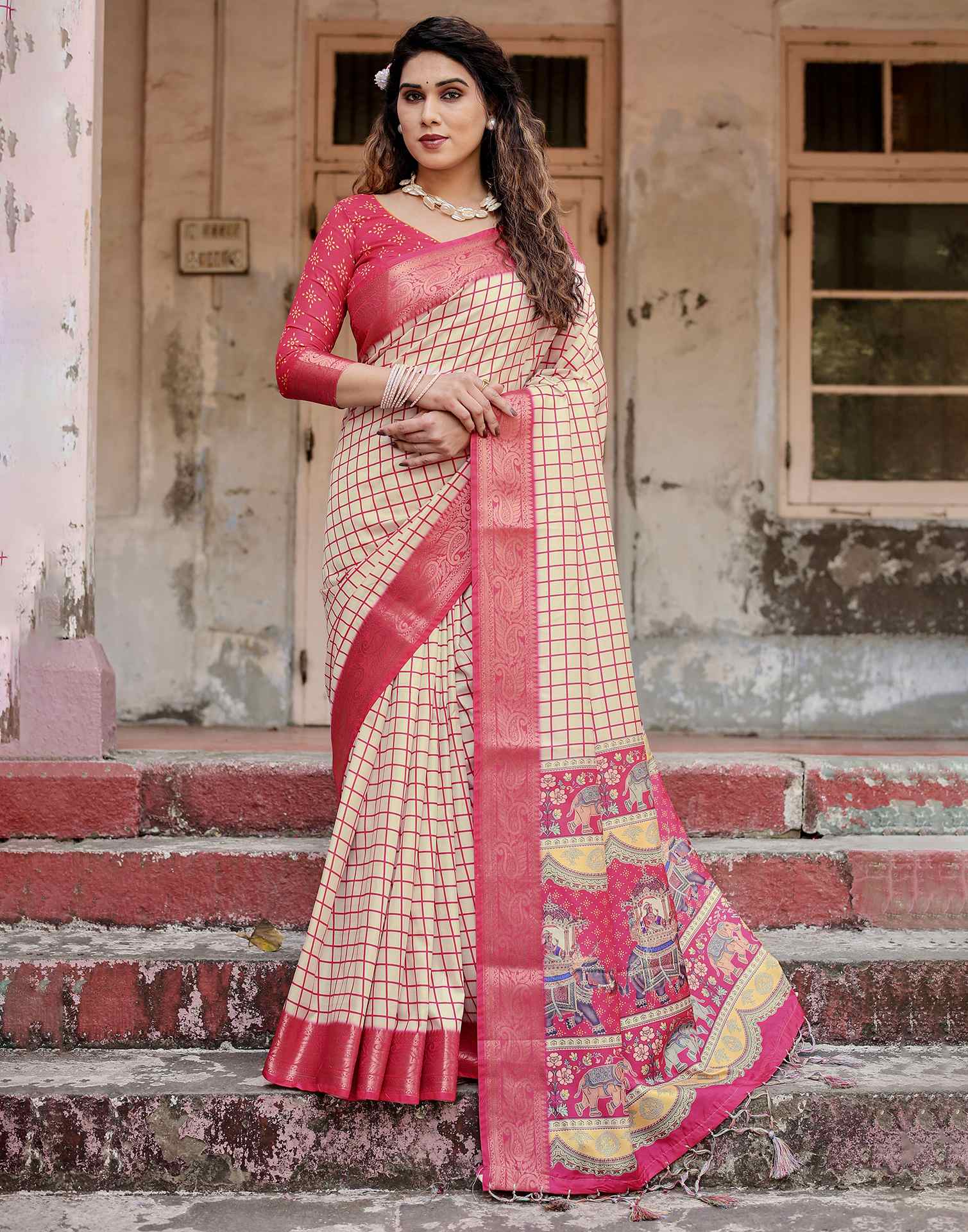 Cream Tussar Silk Printed Saree