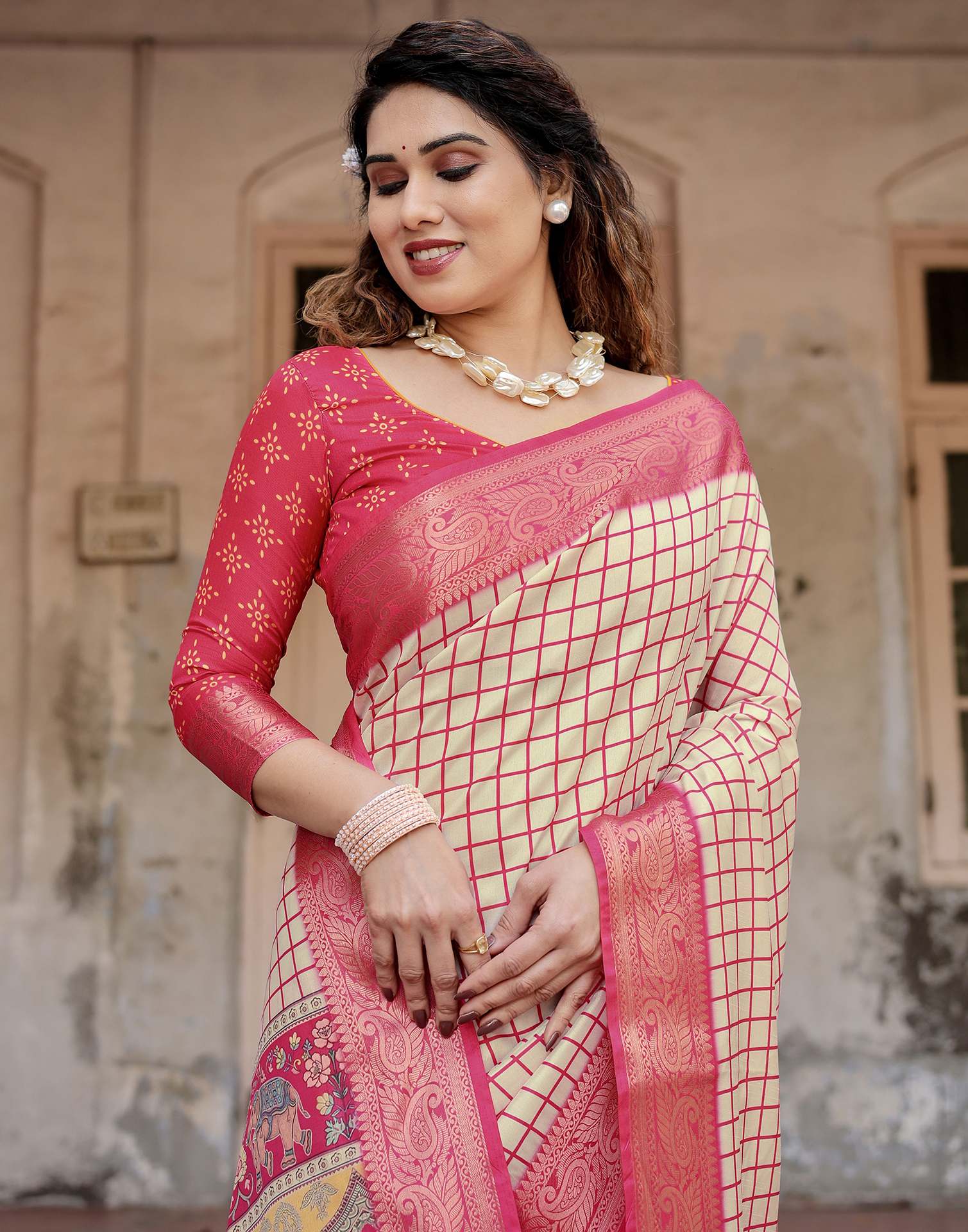 Cream Tussar Silk Printed Saree