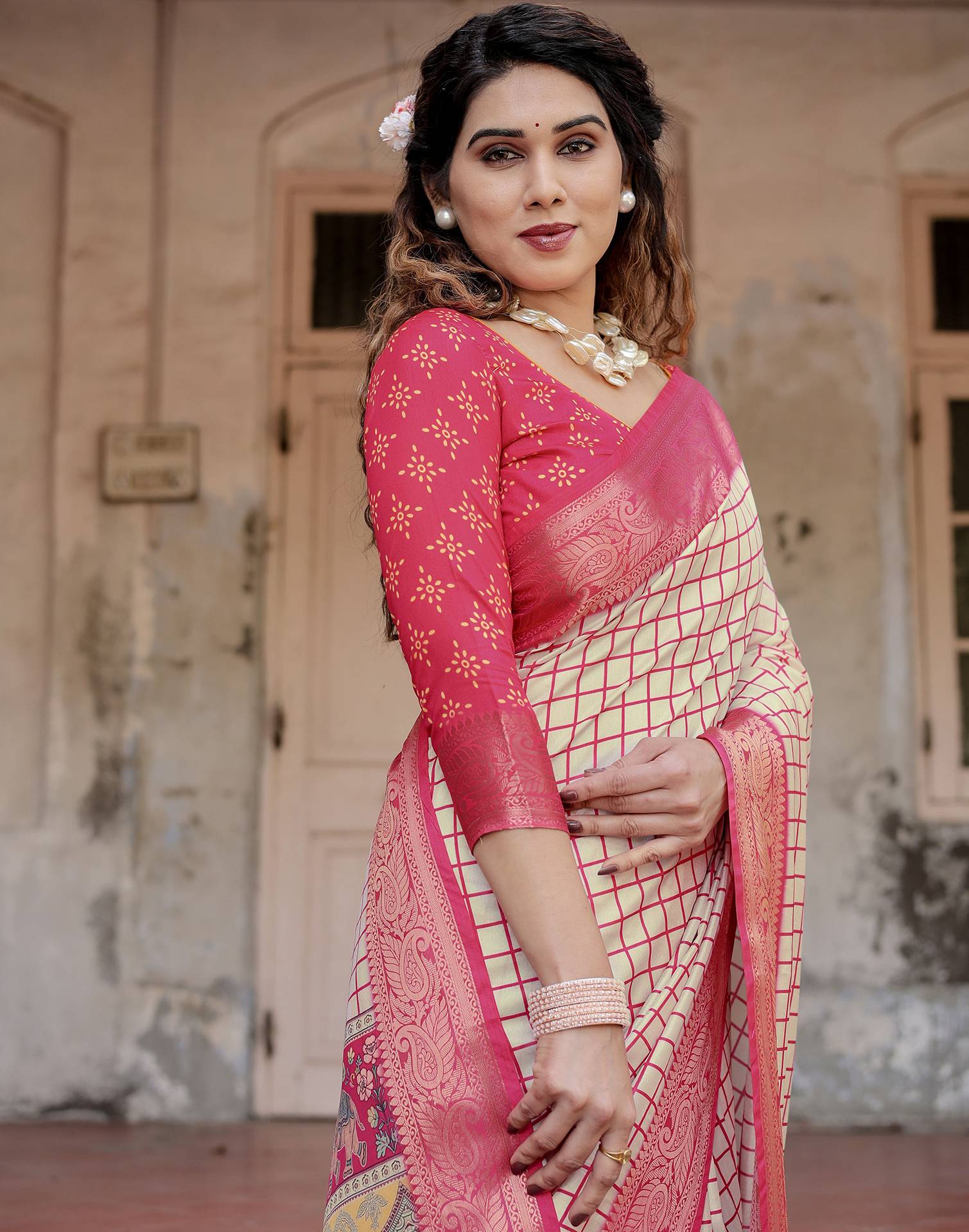 Cream Tussar Silk Printed Saree