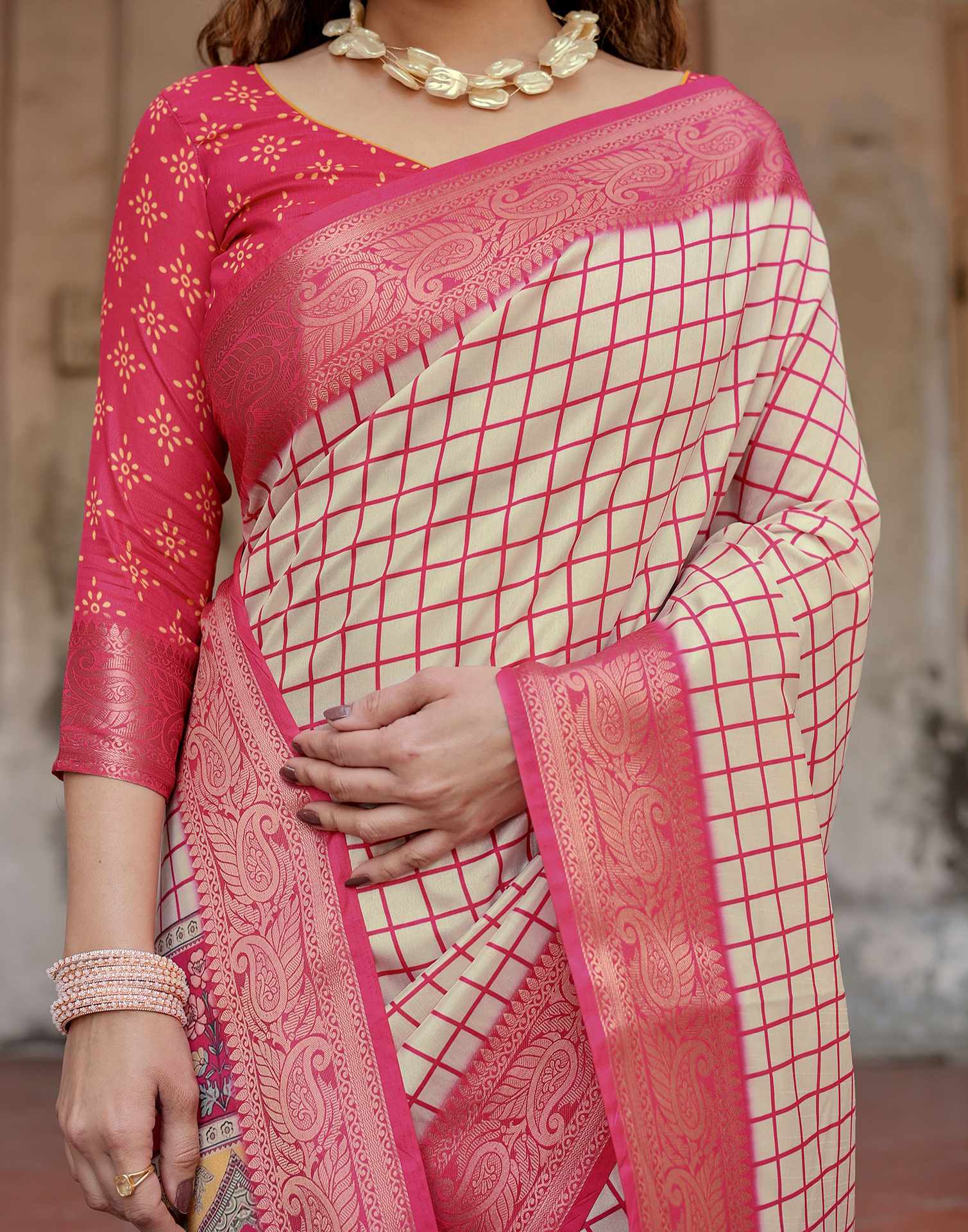 Cream Tussar Silk Printed Saree