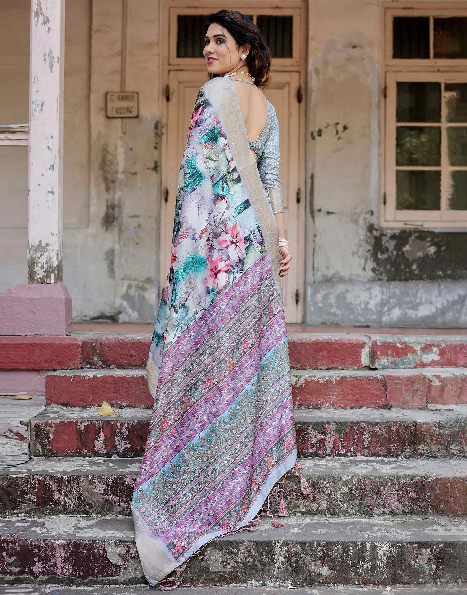 Multicoloured Tussar Silk Printed Saree