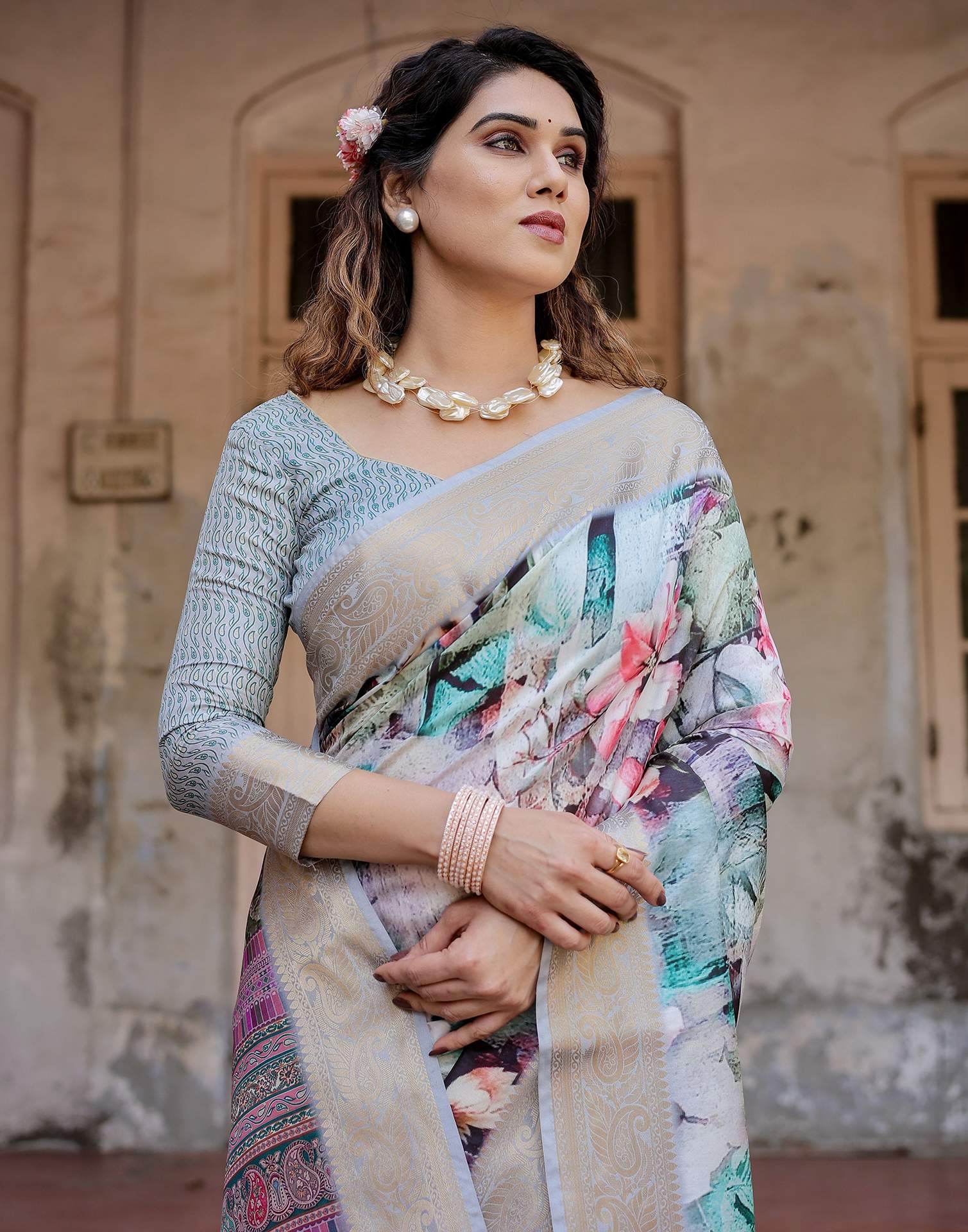 Multicoloured Tussar Silk Printed Saree