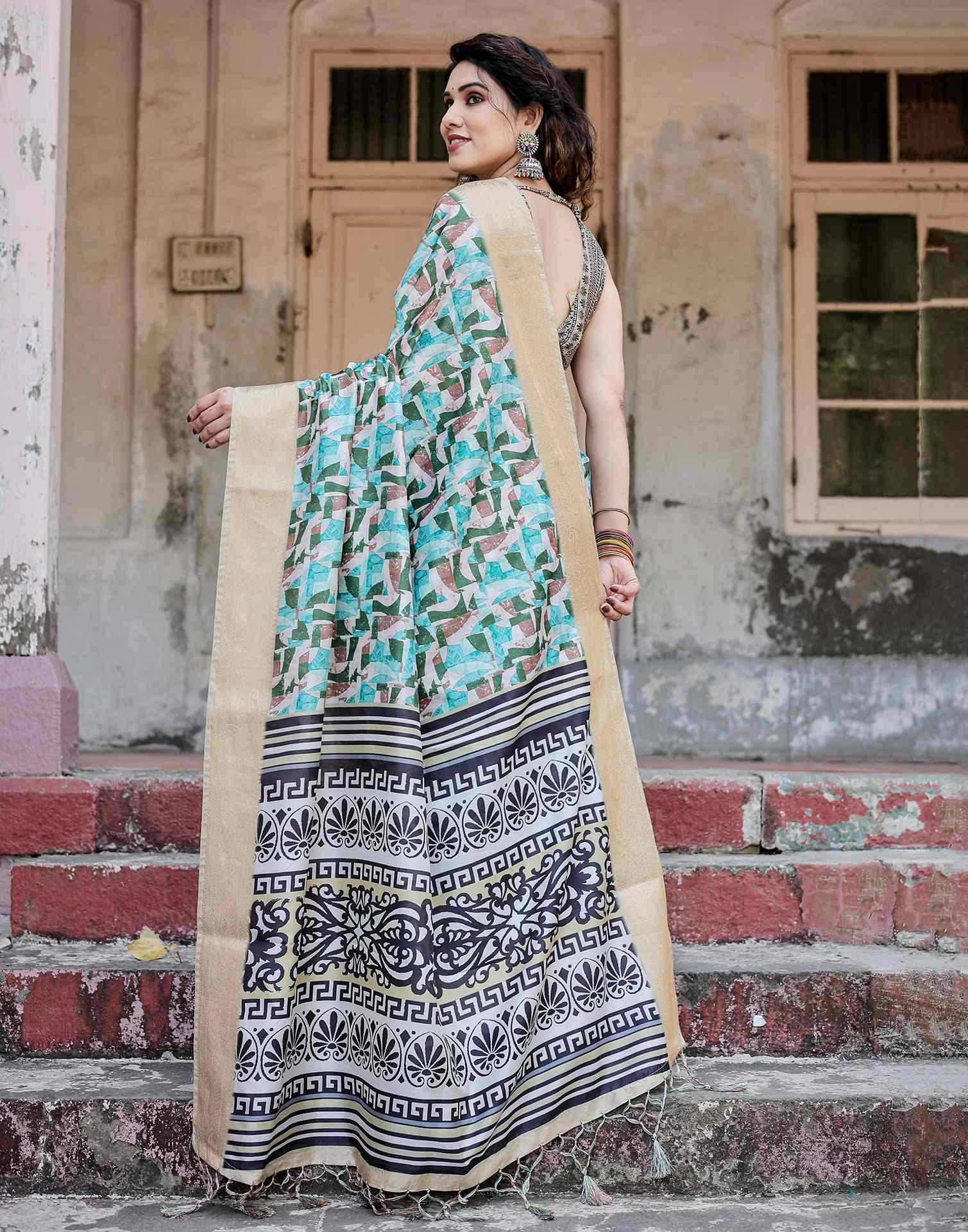 Turquoise Tussar Silk Printed Saree