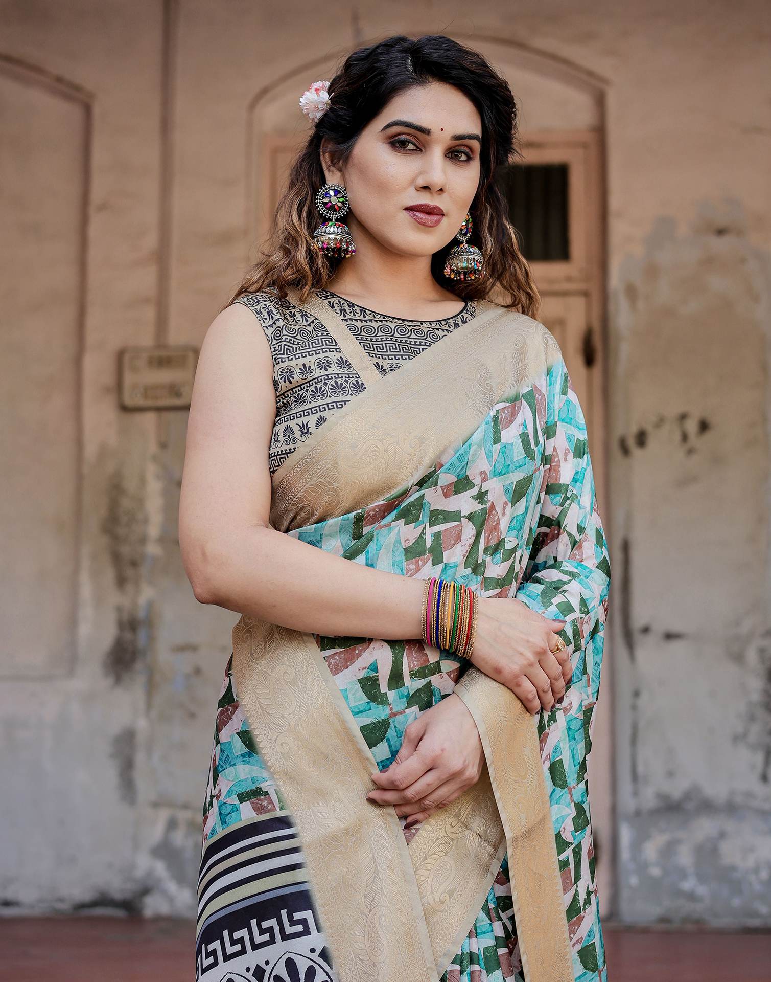 Turquoise Tussar Silk Printed Saree