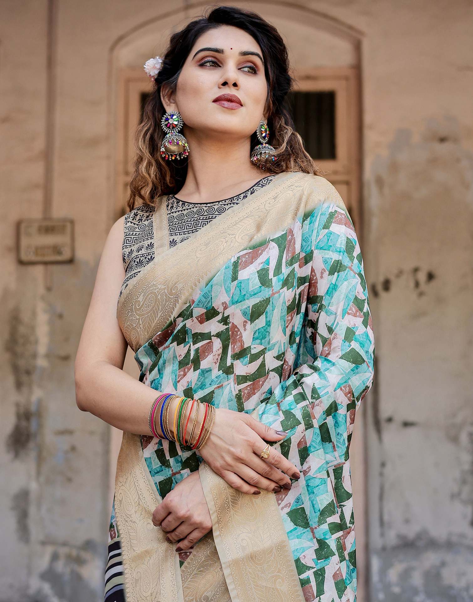 Turquoise Tussar Silk Printed Saree
