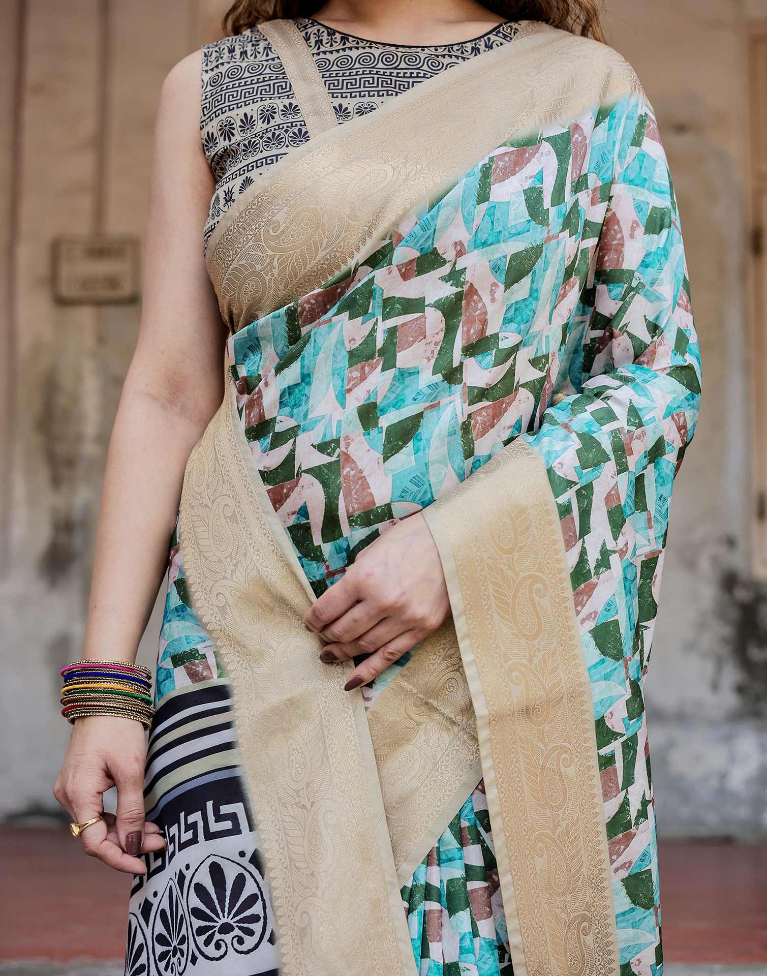 Turquoise Tussar Silk Printed Saree